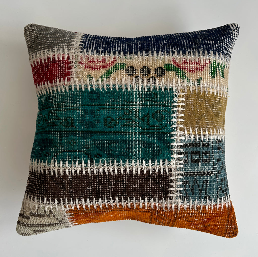 Handmade Patchwork Multicolour Turkish Rug Cushion Cover 18''x18'' / 44x43 CM