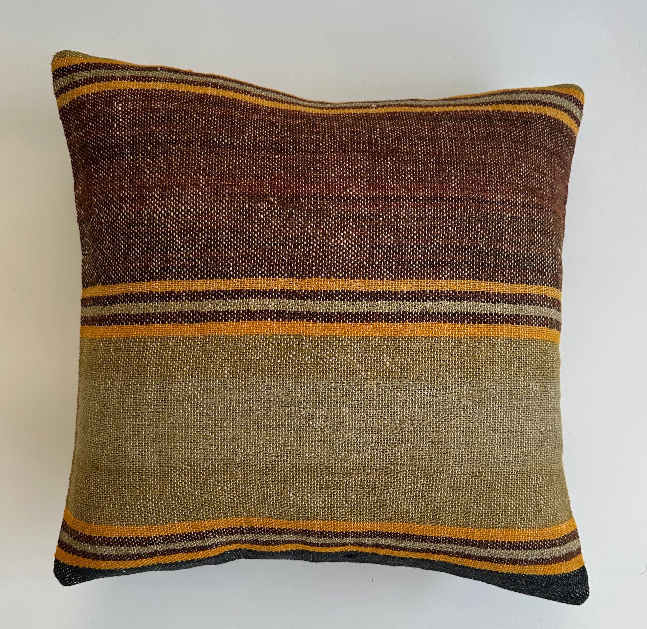 Handmade Striped Mustard Brown Cushion Cover 16''x16'' / 40x39 CM