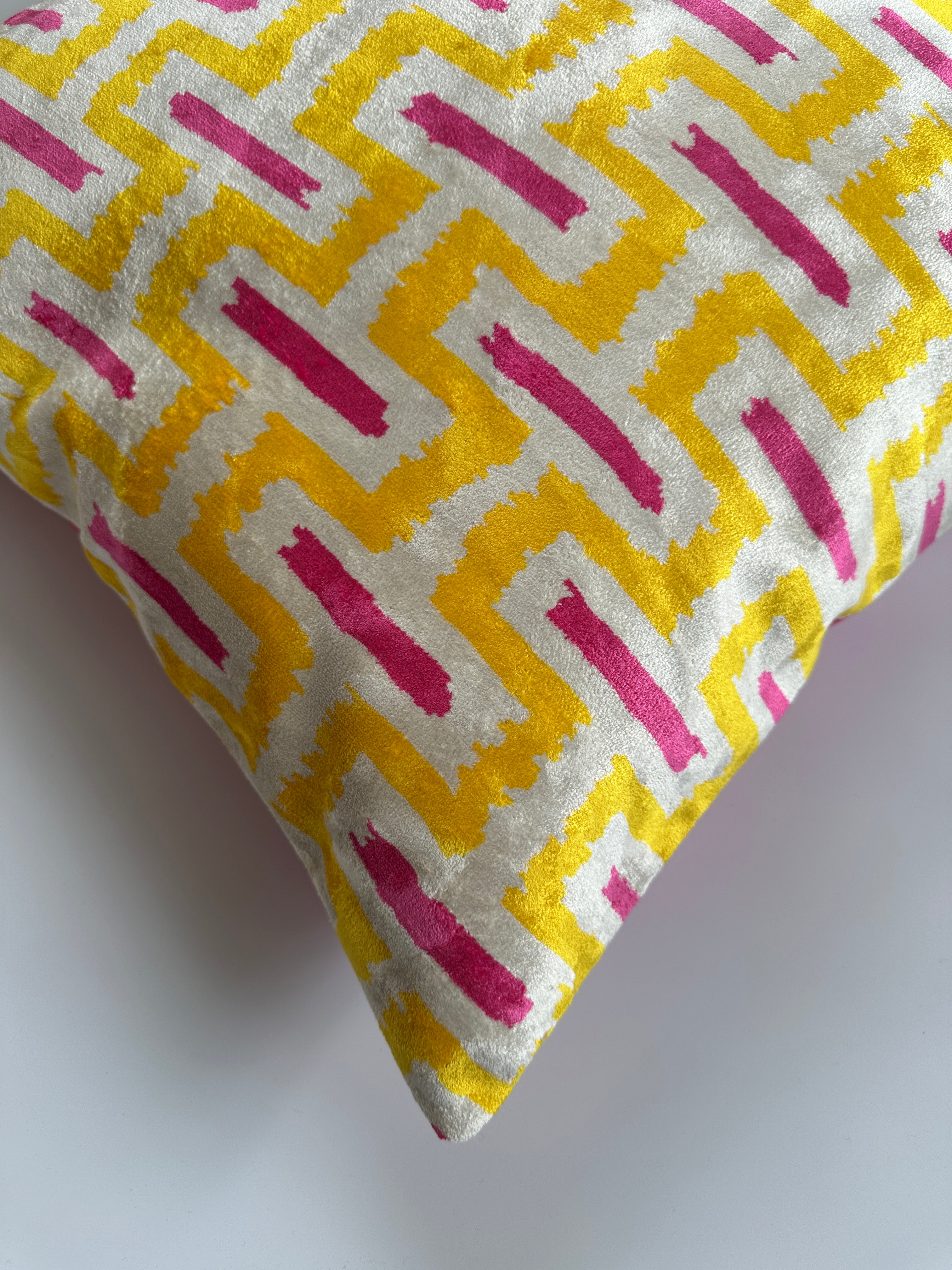 Yellow Ikat Silk Velvet Cushion Cover 16''x16'' / 40x40 CM