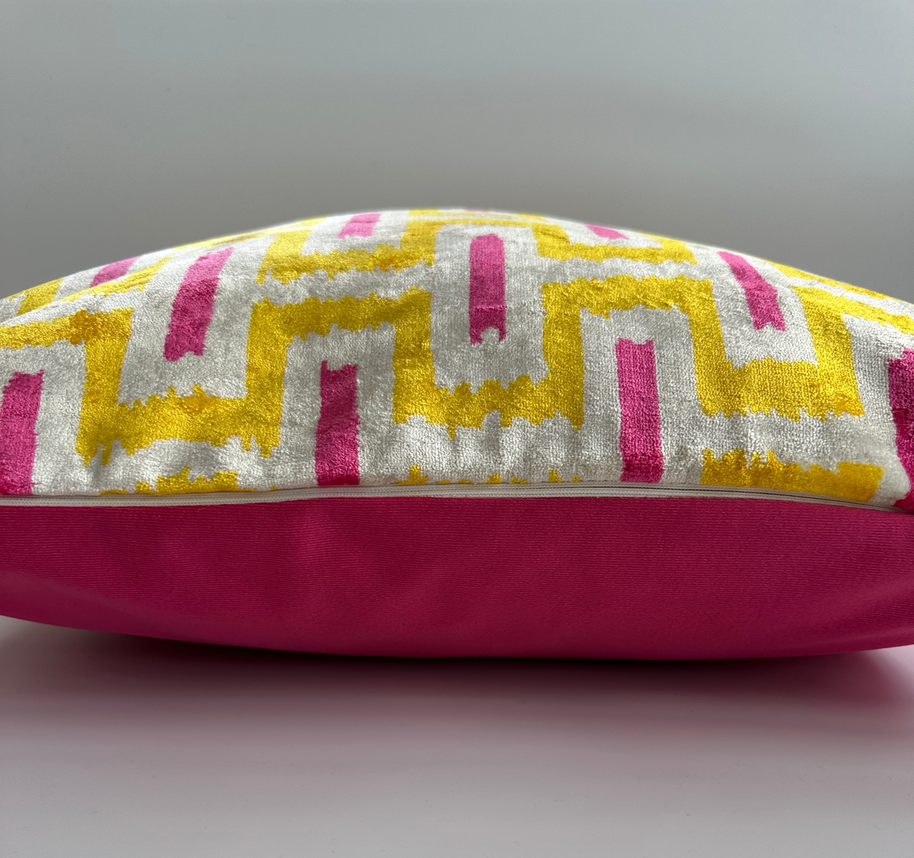 Yellow Ikat Silk Velvet Cushion Cover 16''x16'' / 40x40 CM
