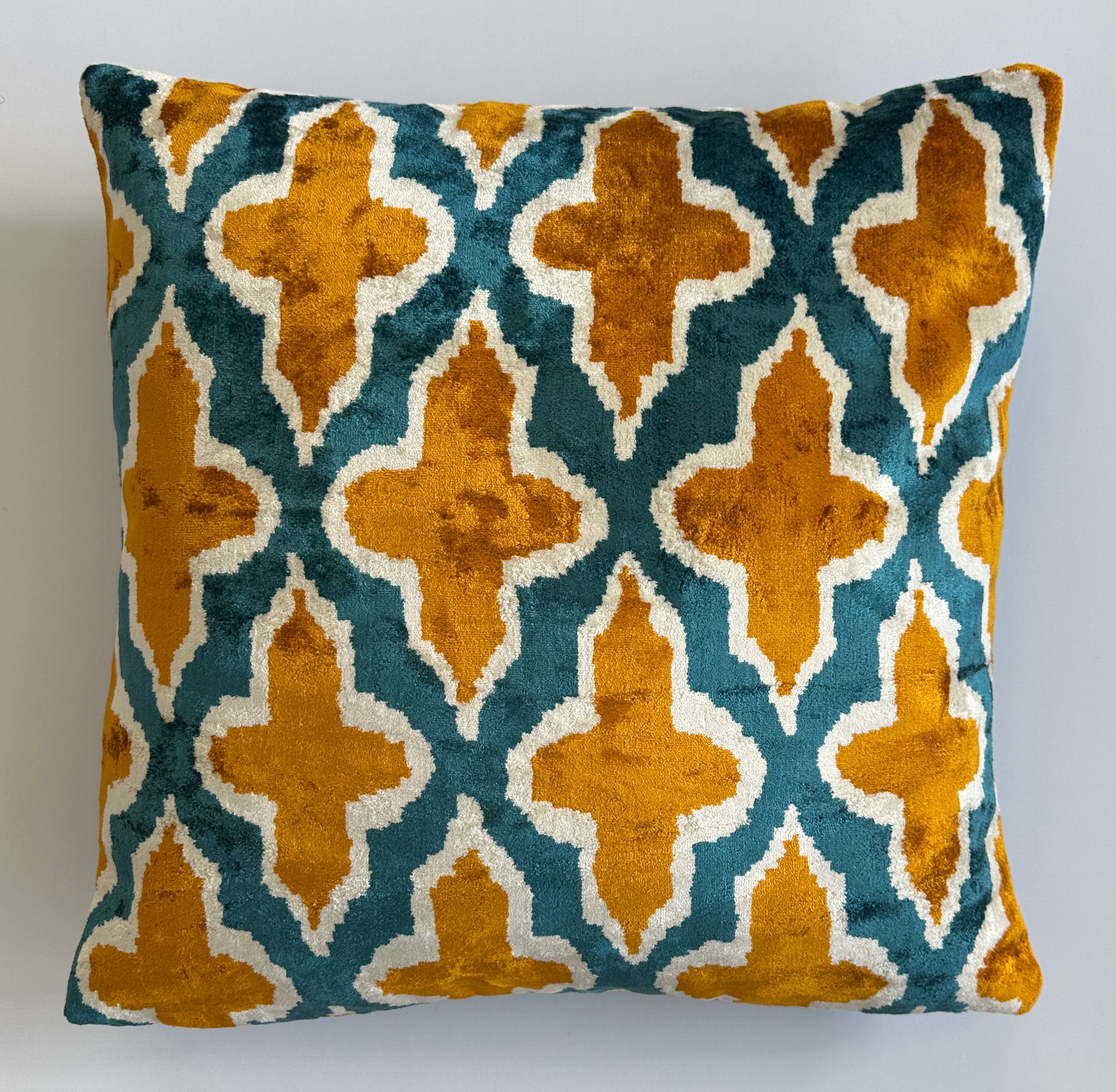 Mustard Ikat Silk Velvet Cushion Cover 16''x16'' / 40x40 CM
