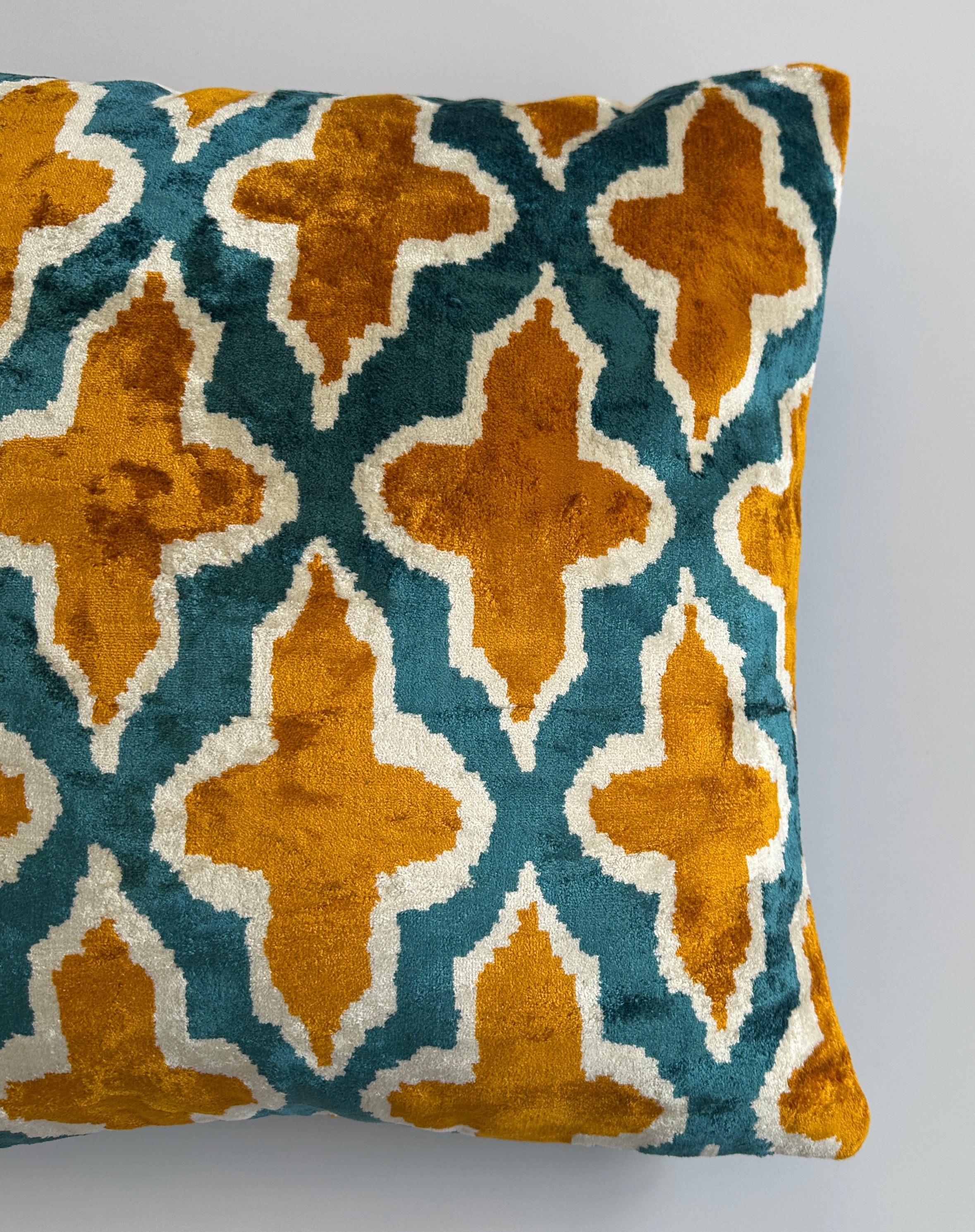 Mustard Ikat Silk Velvet Cushion Cover 16''x16'' / 40x40 CM