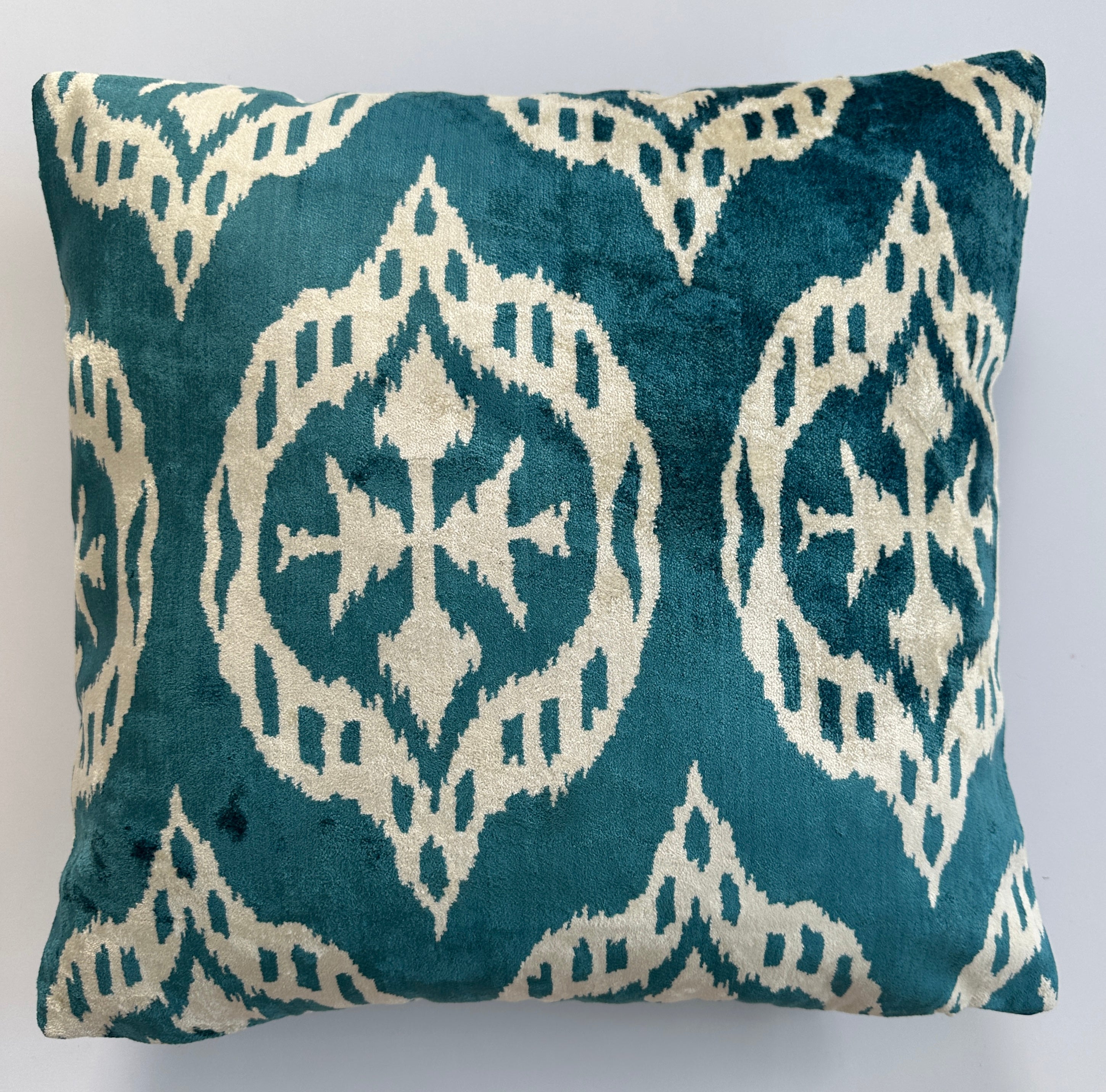 Turquoise Ikat Silk Velvet Cushion Cover 16''x16'' / 40x40 CM