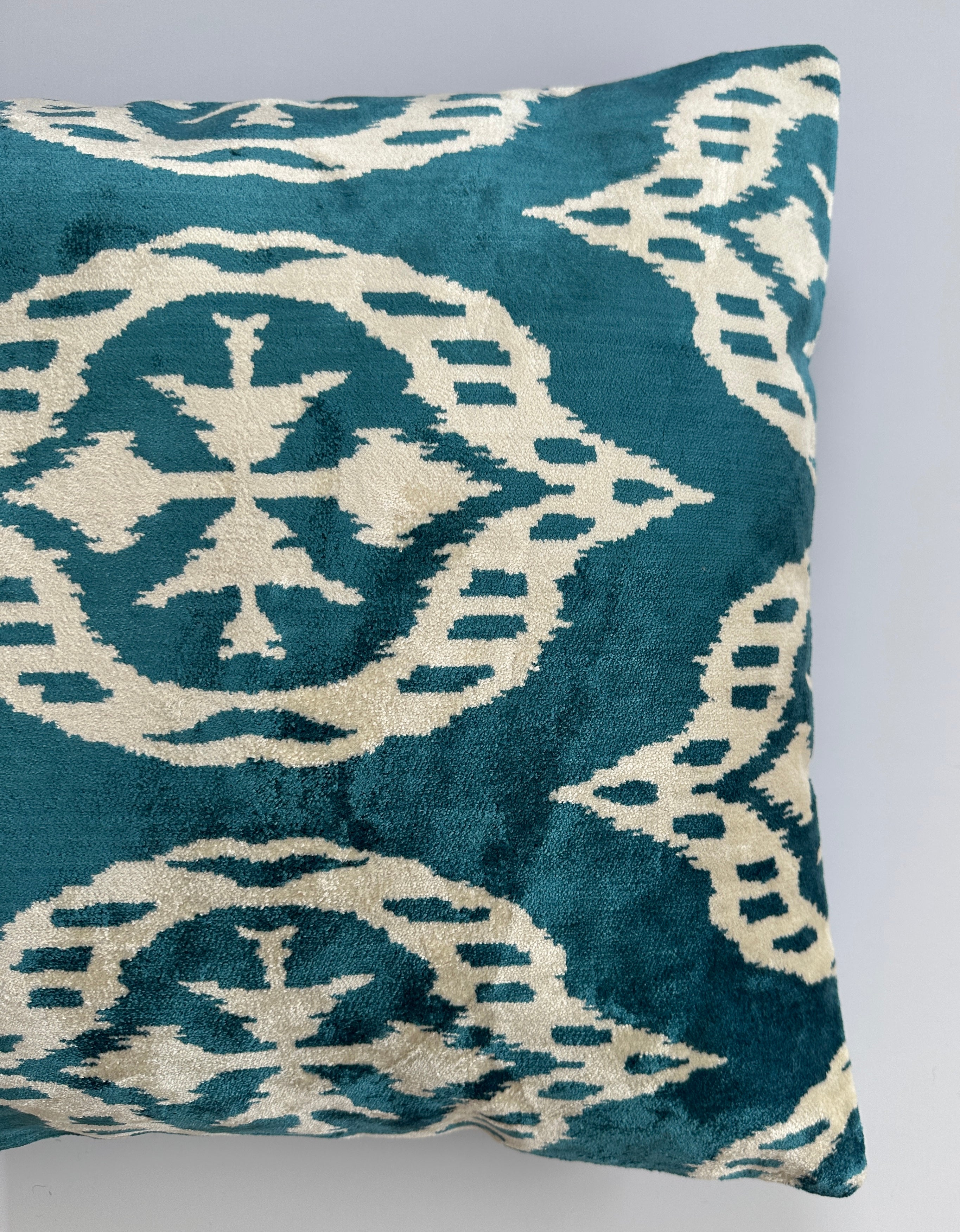 Turquoise Ikat Silk Velvet Cushion Cover 16''x16'' / 40x40 CM