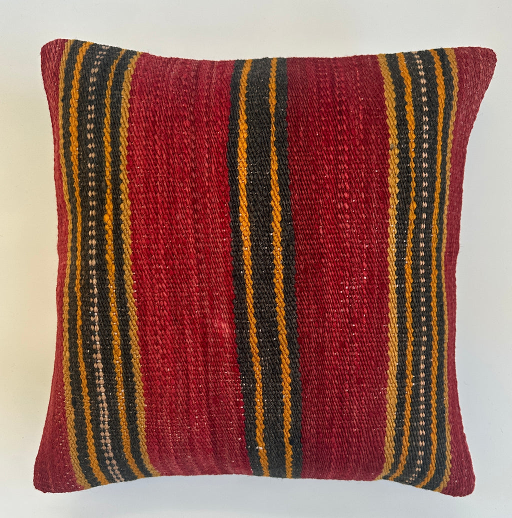 Handmade Striped Red Turkish Rug Cushion Cover 16''x16'' / 40x40 CM