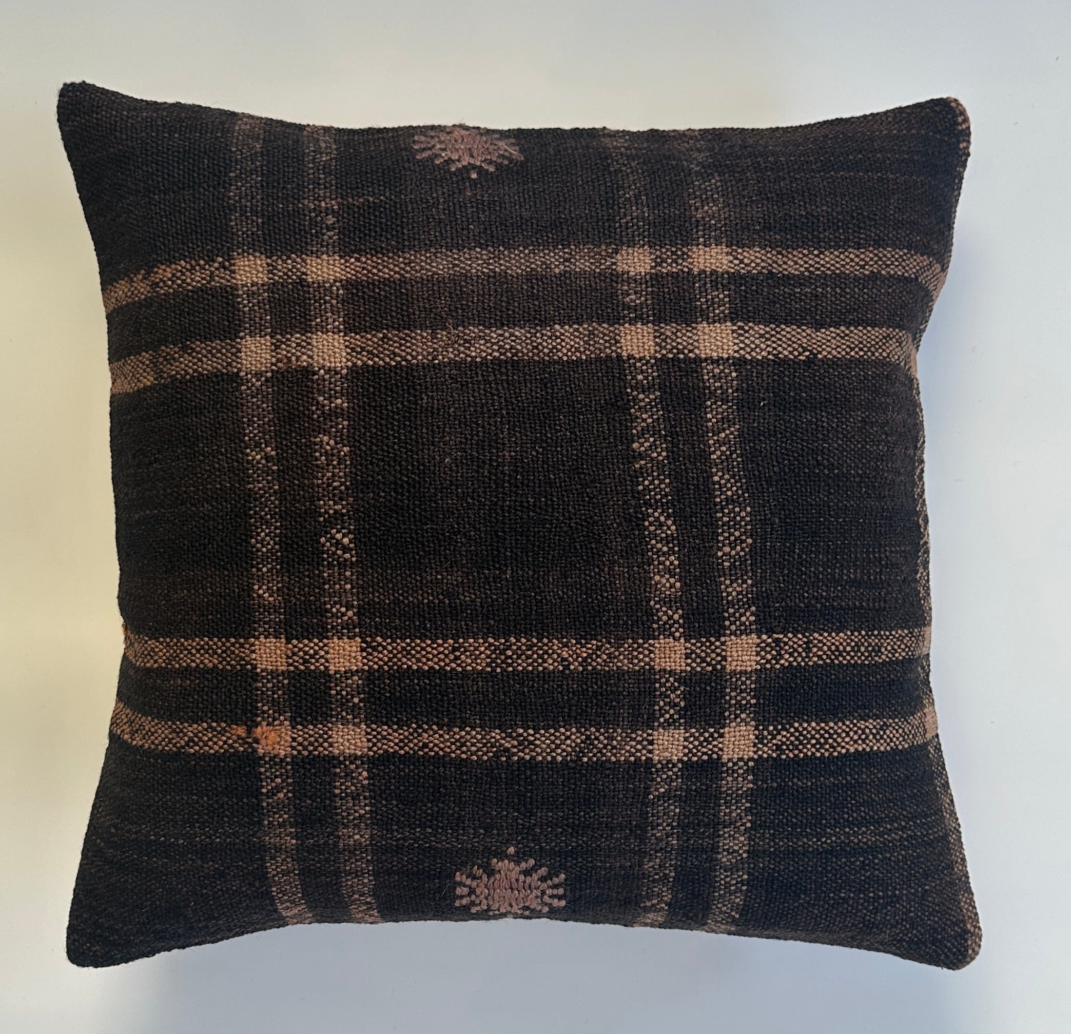 Handmade Dark Natural Wool Check Cushion Cover 16''x16'' / 40x38 CM