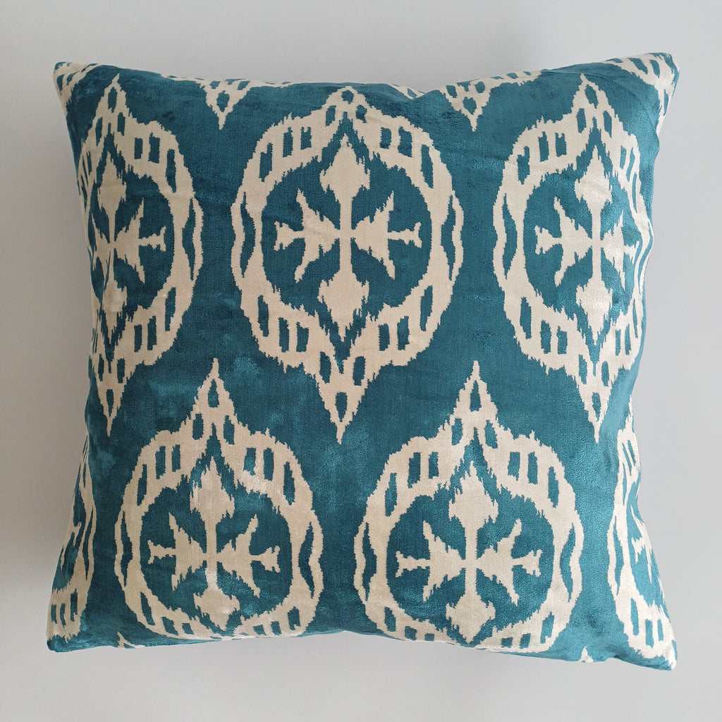 Turquoise Silk Ikat Velvet Cushion Cover 20''x20'' / 50x49 CM