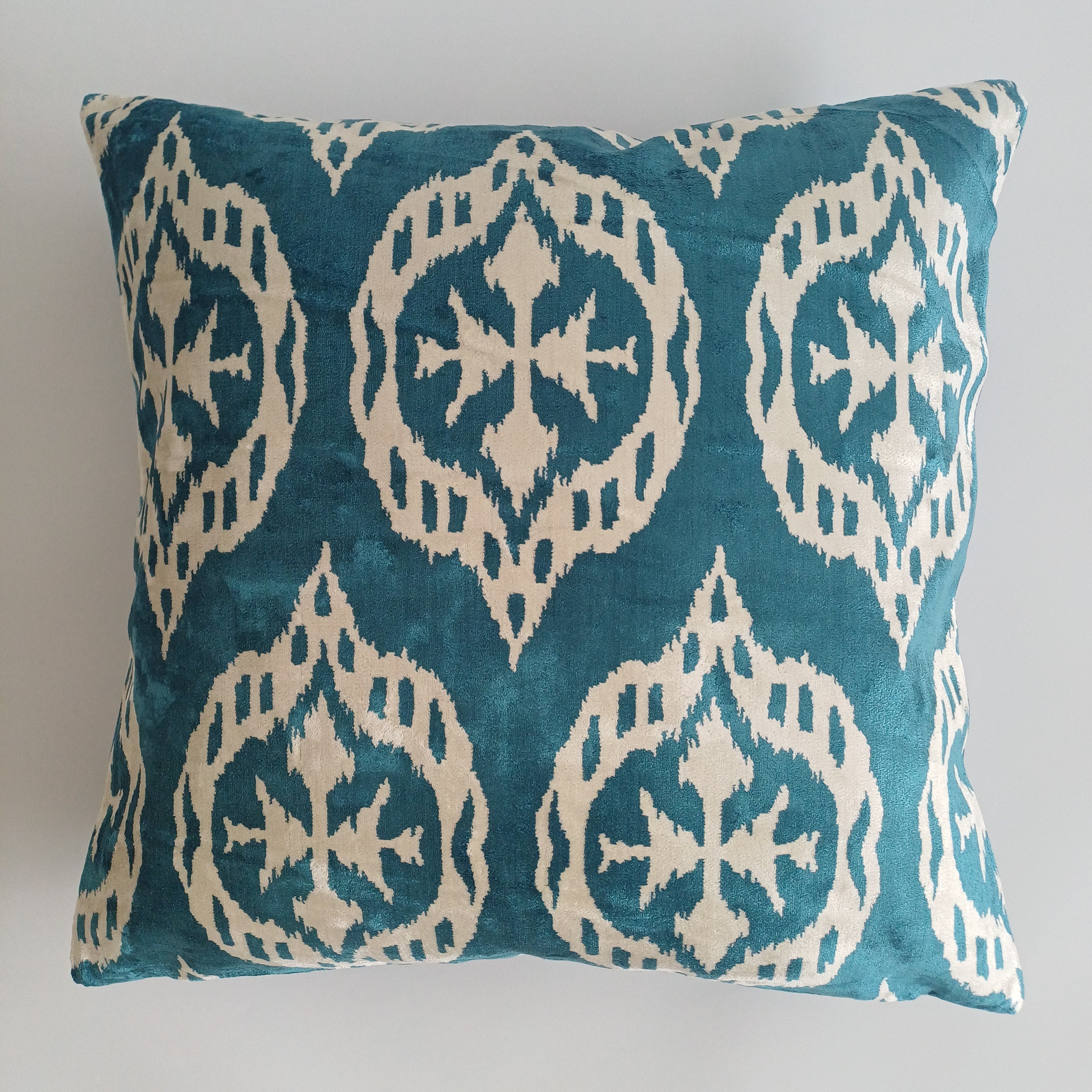 Turquoise Silk Ikat Velvet Cushion Cover 20''x20'' / 50x49 CM