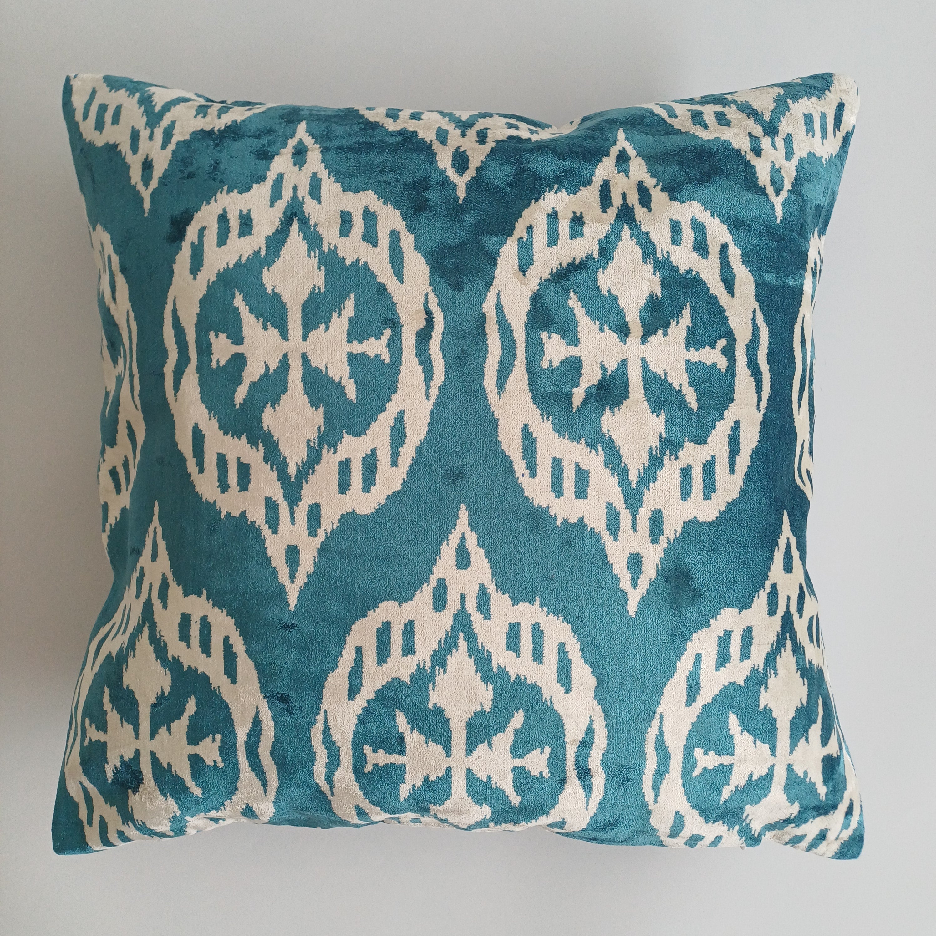 Turquoise Silk Ikat Velvet Cushion Cover 20''x20'' / 50x50 CM