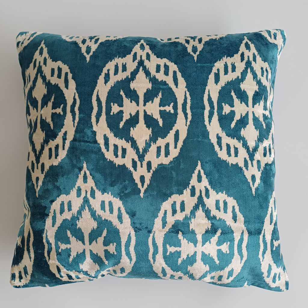 Turquoise Silk Ikat Velvet Cushion Cover 20''x20'' / 50x49 CM