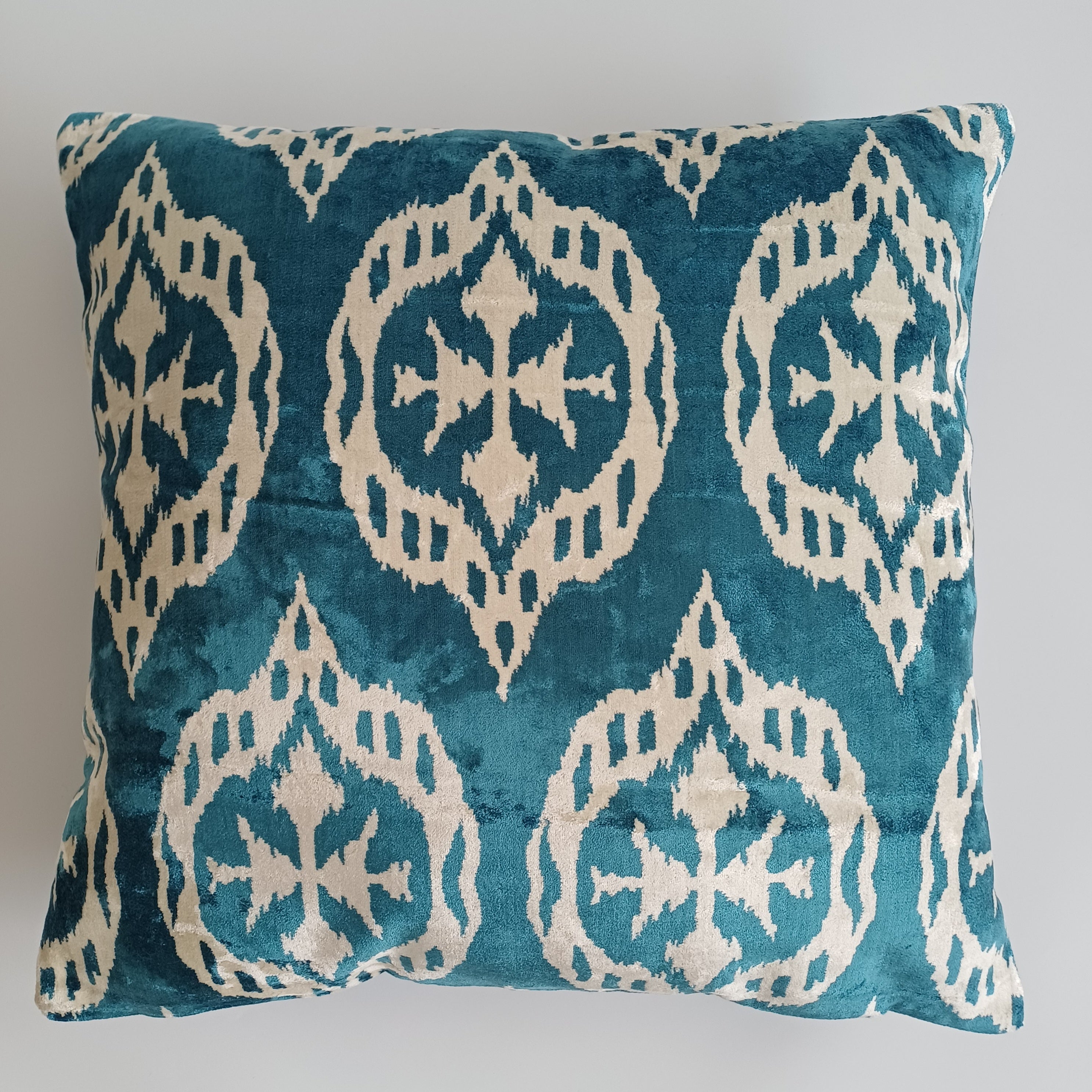 Turquoise Silk Ikat Velvet Cushion Cover 20''x20'' / 50x49 CM