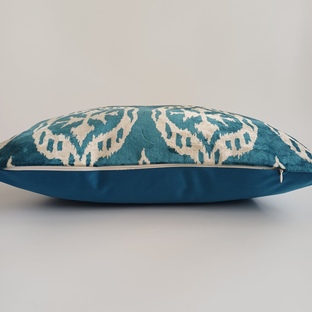 Turquoise Silk Ikat Velvet Cushion Cover 20''x20'' / 50x49 CM