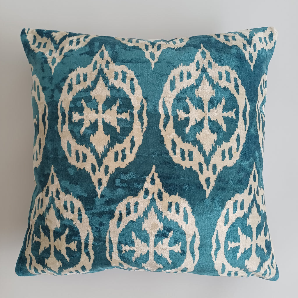 Turquoise Silk Ikat Velvet Cushion Cover 20''x20'' / 50x49 CM