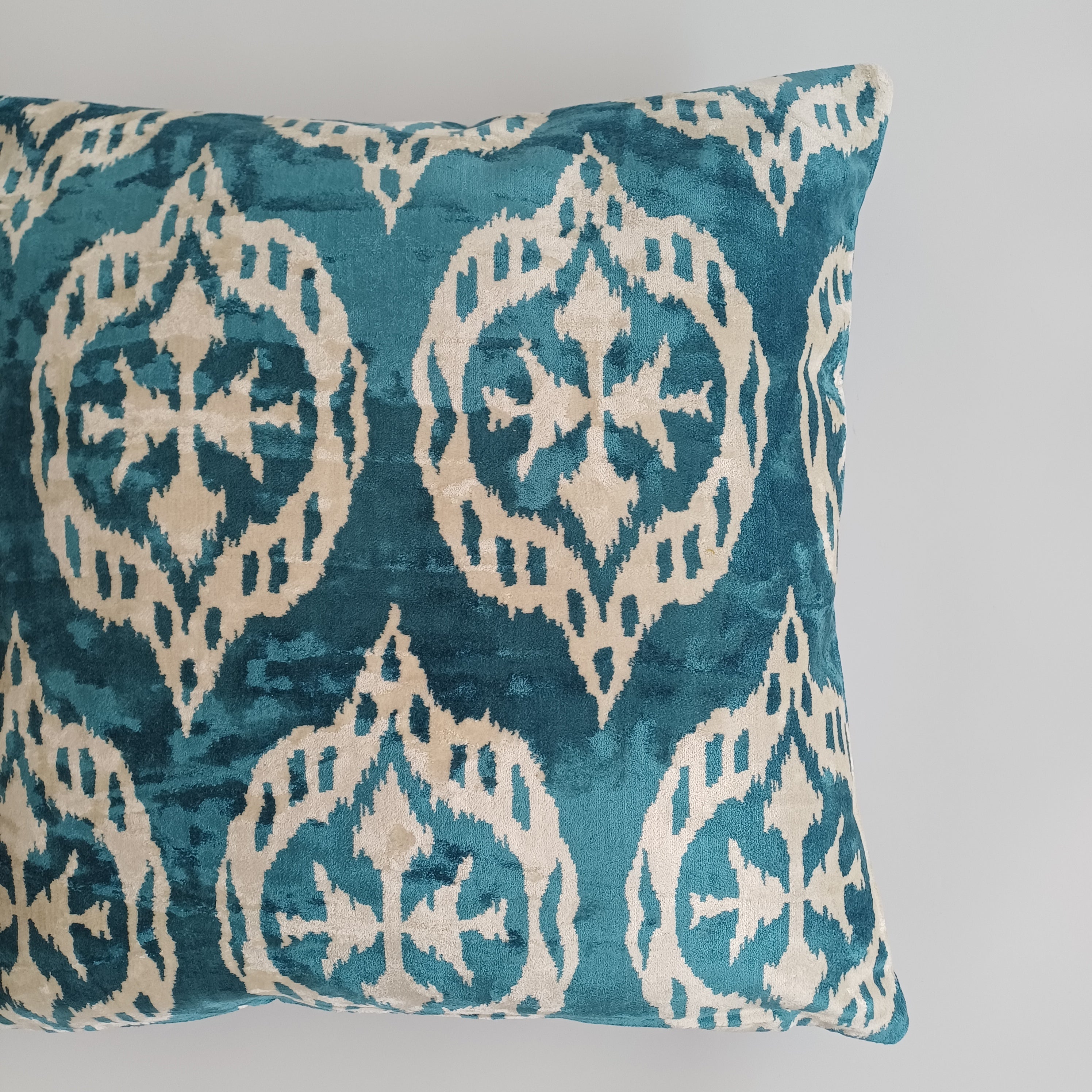 Turquoise Silk Ikat Velvet Cushion Cover 20''x20'' / 50x49 CM