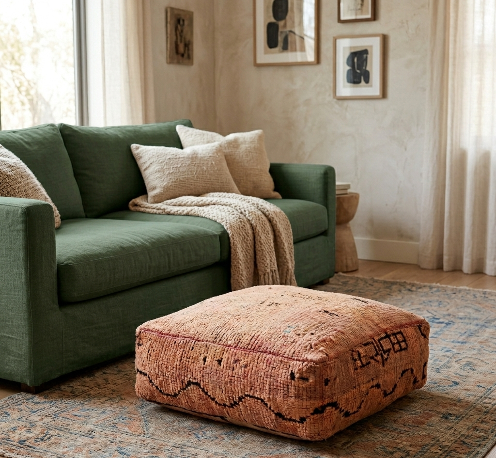 Authentic Vintage Berber Handmade Moroccan Sun Faded Wool Pouf 60x60x20 CM