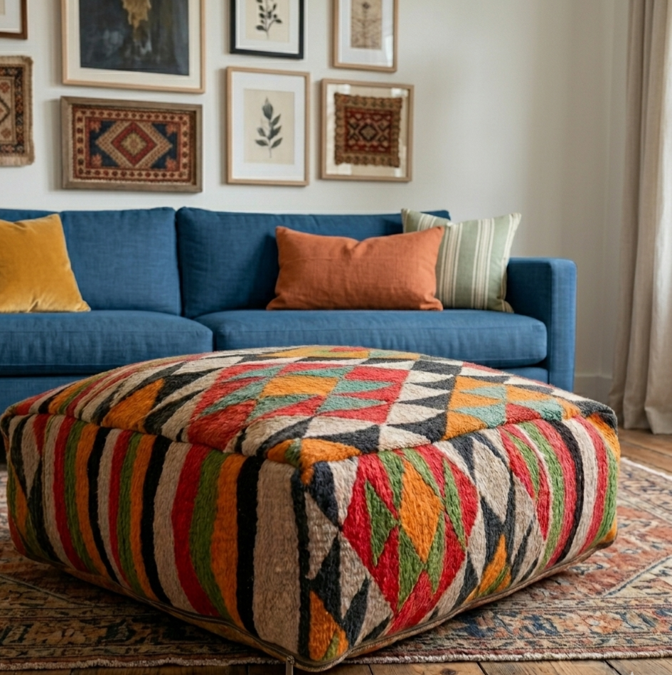 Authentic Vintage Worn-out Berber Handmade Moroccan Multicoloured Wool Pouf 60x60x20 CM