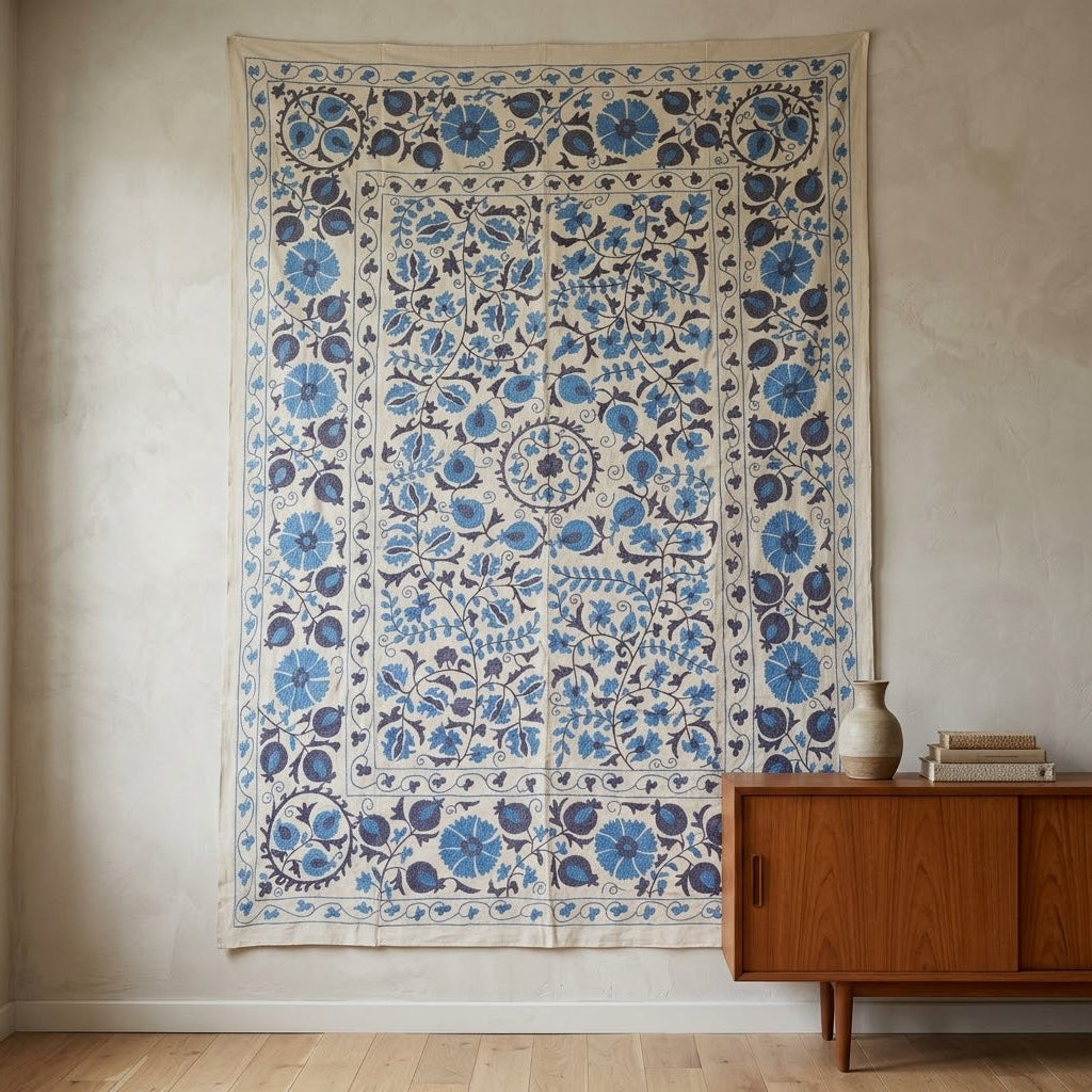 Uzbek Silk Suzani Tapestry, Hand Embroidered Wall Hanging, Suzani Bedspread, Suzani Tablecloth 256x192 CM