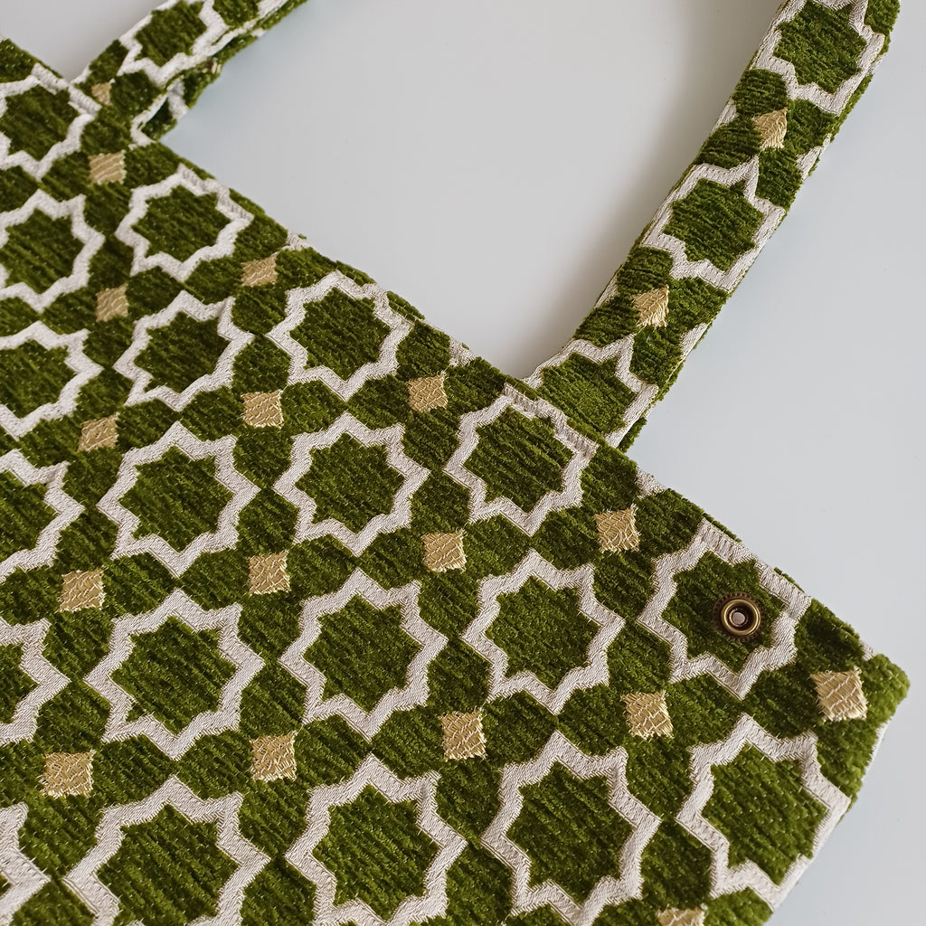 Handmade Moss Green Moroccan Velvet Tote Bag Medium Sized 47x31 CM