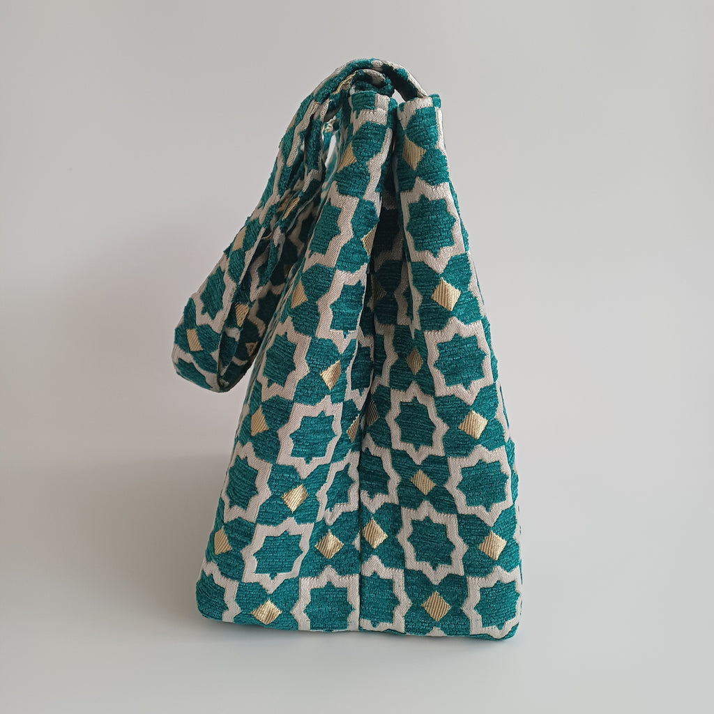 Handmade Turquoise Moroccan Velvet Tote Bag Medium Sized 47x31 CM