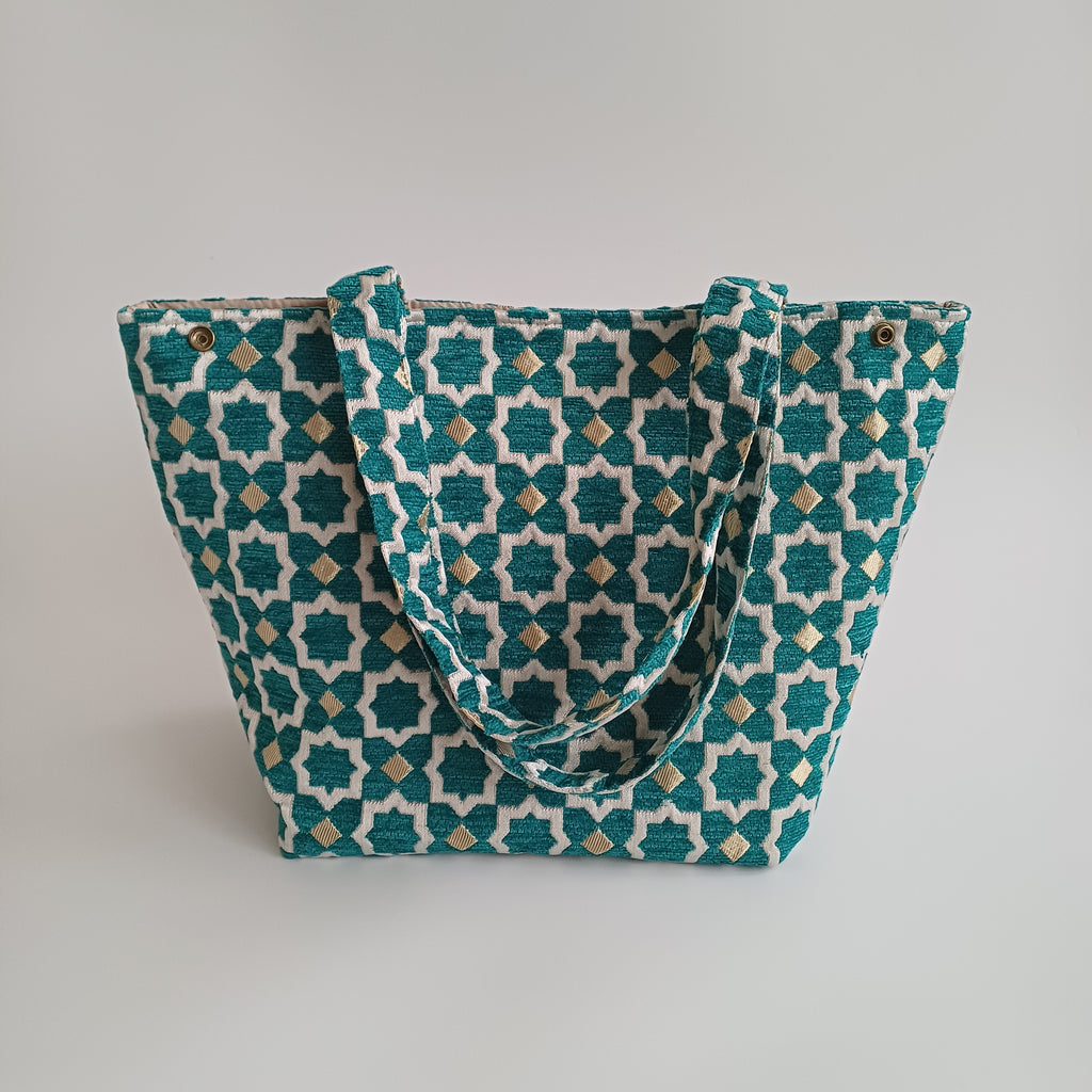 Handmade Turquoise Moroccan Velvet Tote Bag Medium Sized 47x31 CM