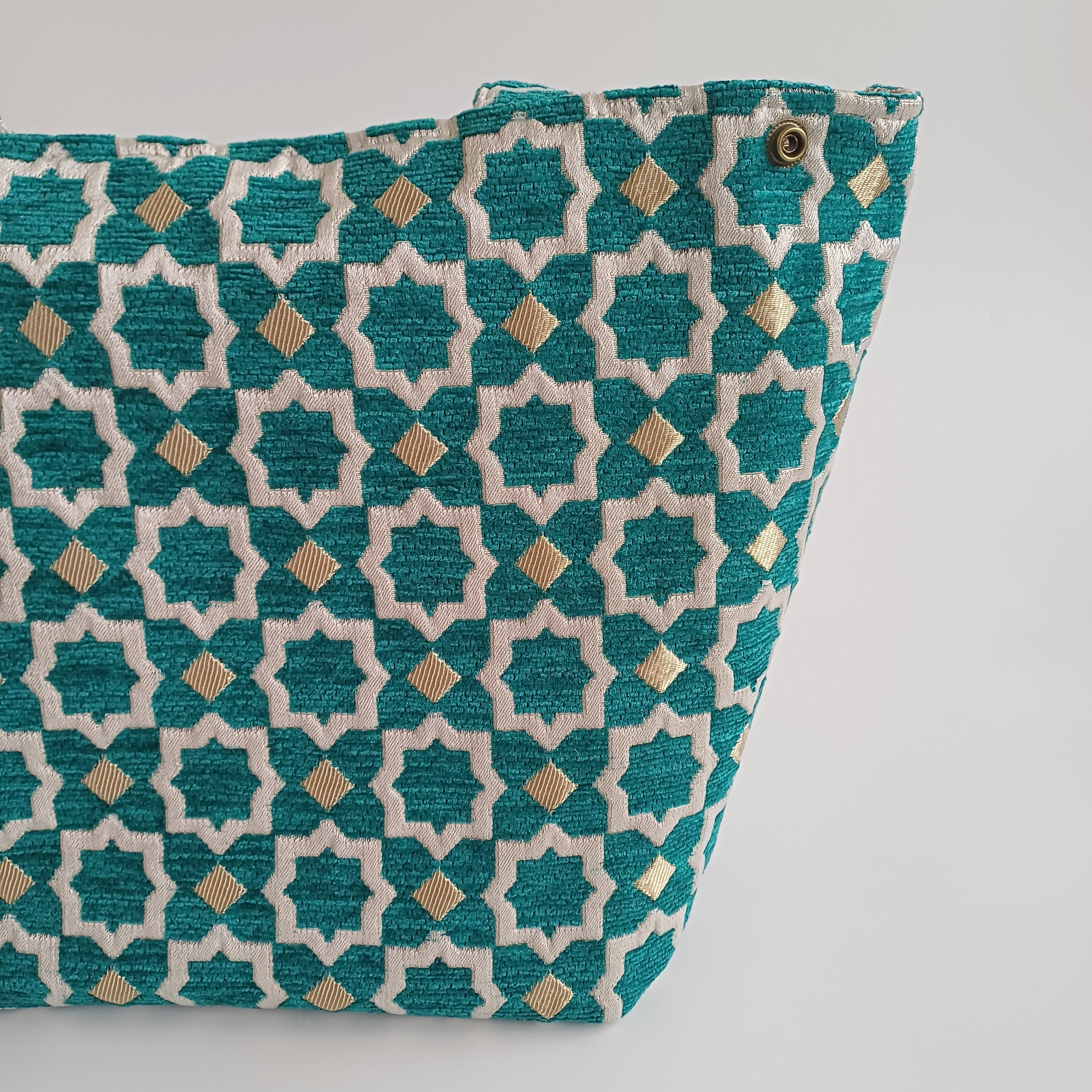 Handmade Turquoise Moroccan Velvet Tote Bag Medium Sized 47x31 CM