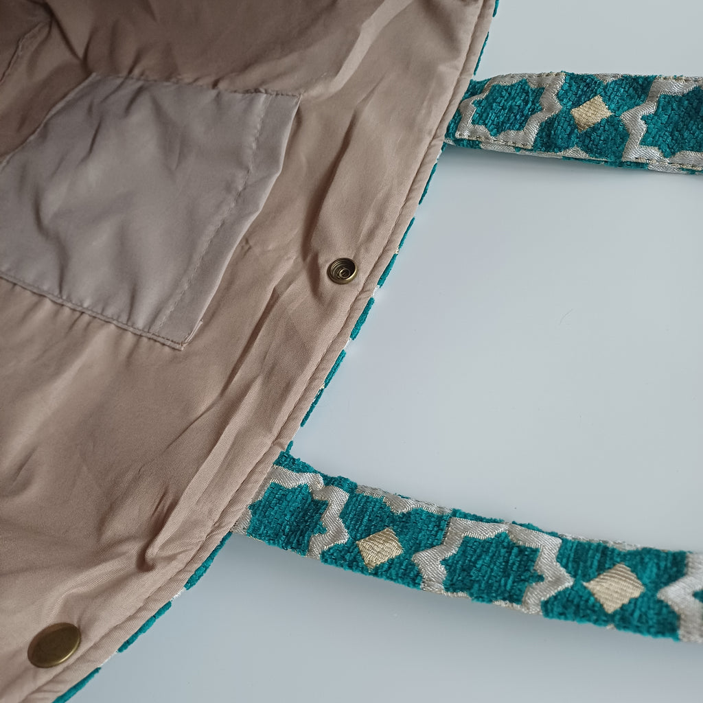 Handmade Turquoise Moroccan Velvet Tote Bag Medium Sized 47x31 CM