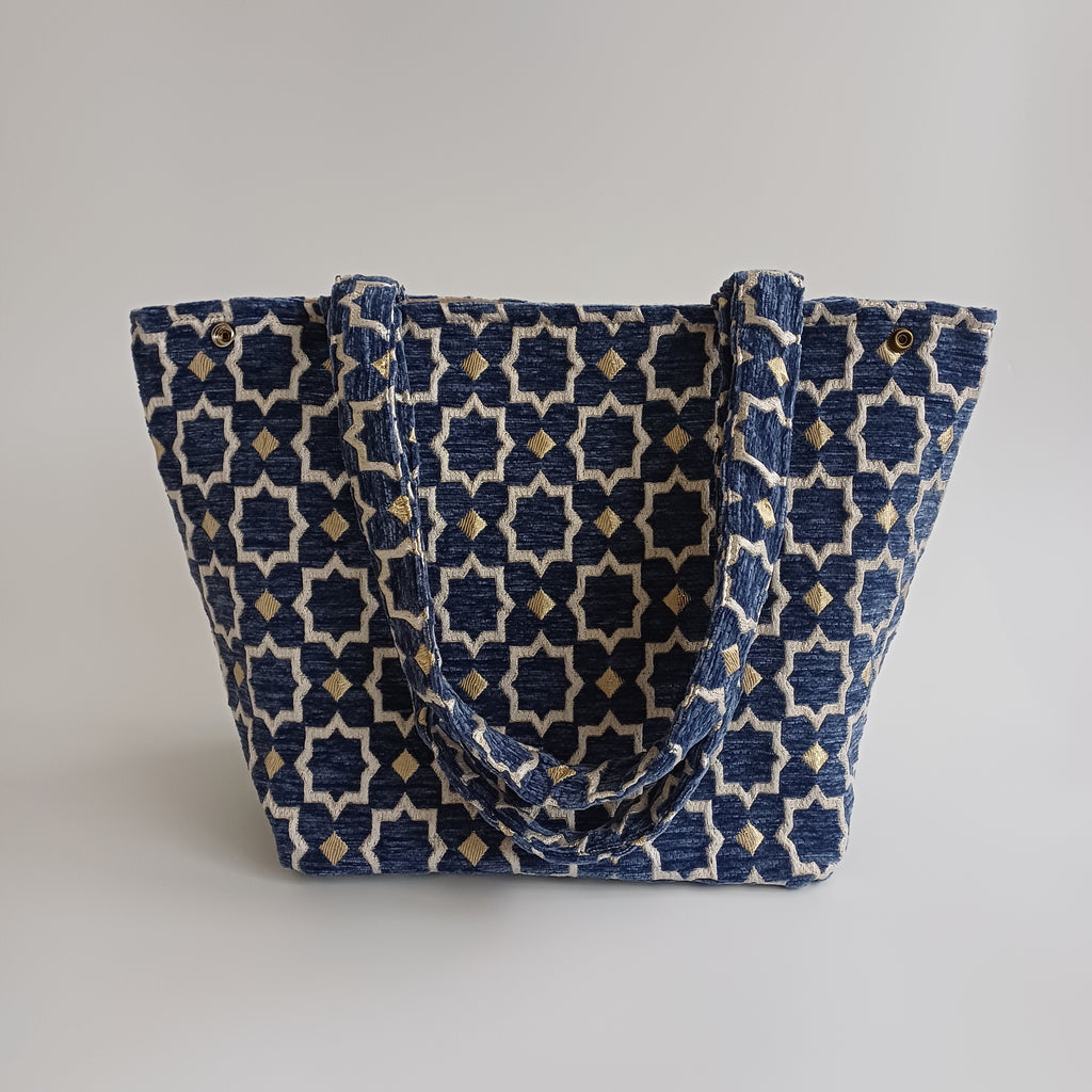 Handmade Blue Moroccan Velvet Tote Bag Medium Sized 47x31 CM