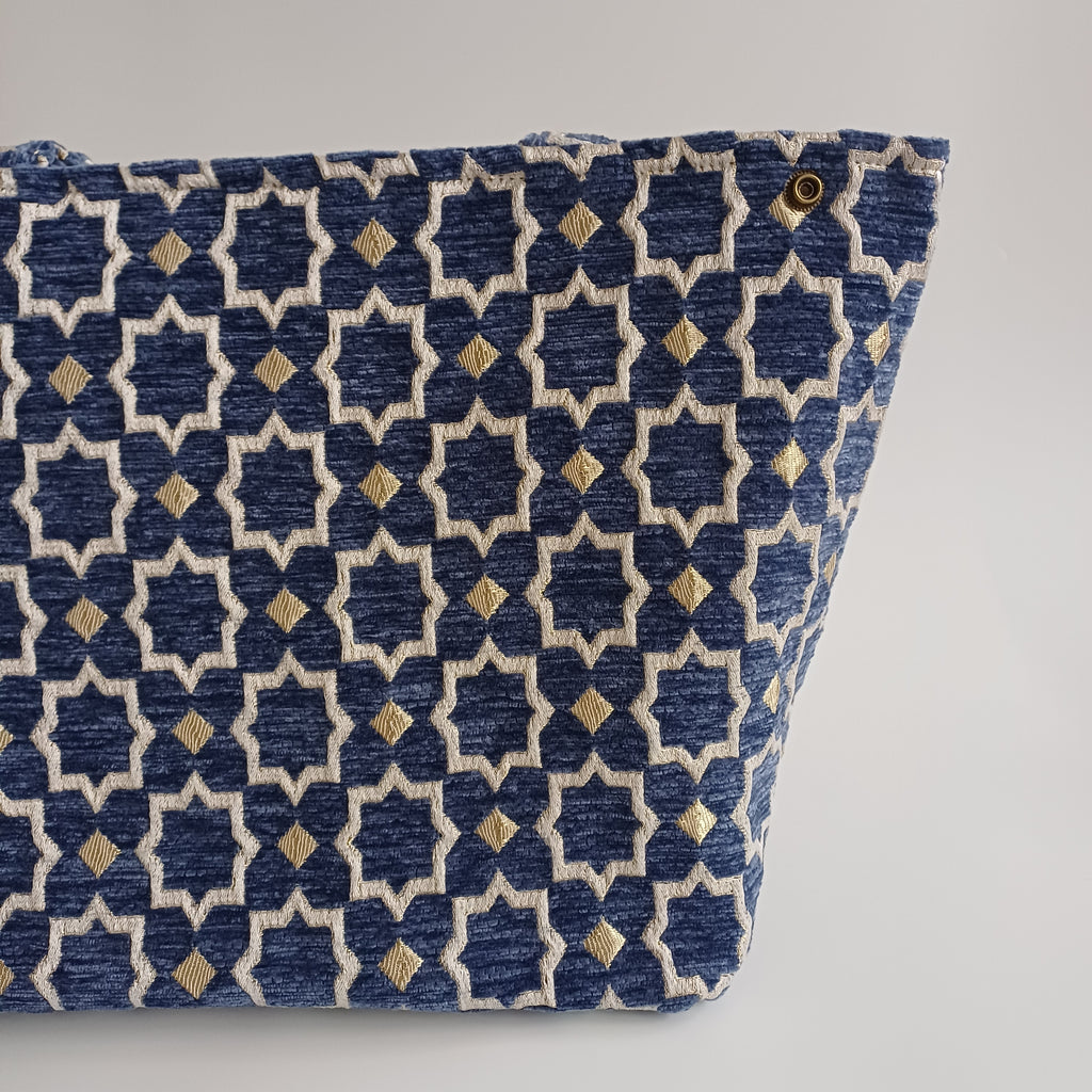 Handmade Blue Moroccan Velvet Tote Bag Medium Sized 47x31 CM