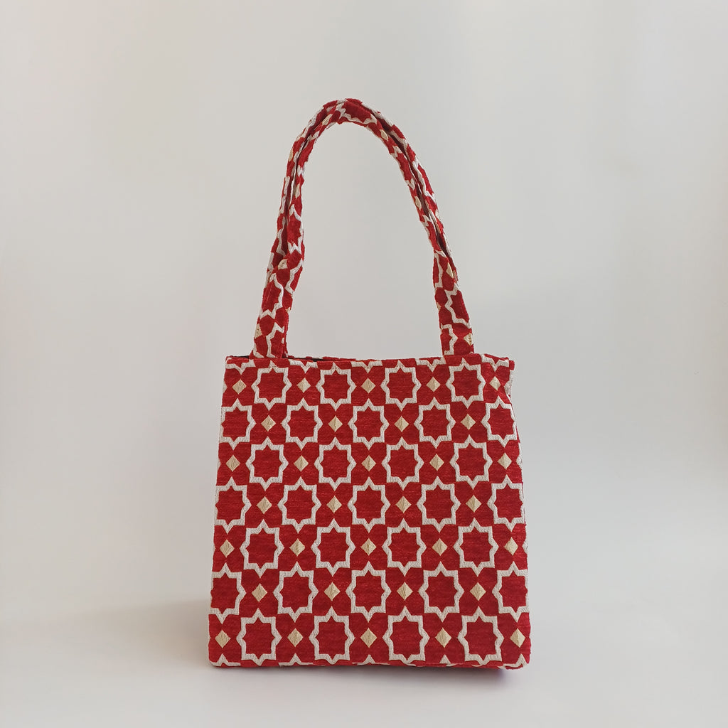Handmade Crimson Red Moroccan Velvet Tote Bag Medium Sized 47x31 CM