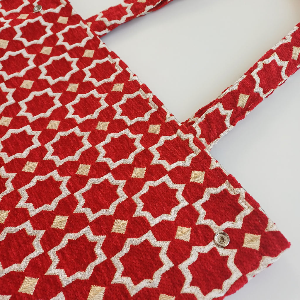 Handmade Crimson Red Moroccan Velvet Tote Bag Medium Sized 47x31 CM