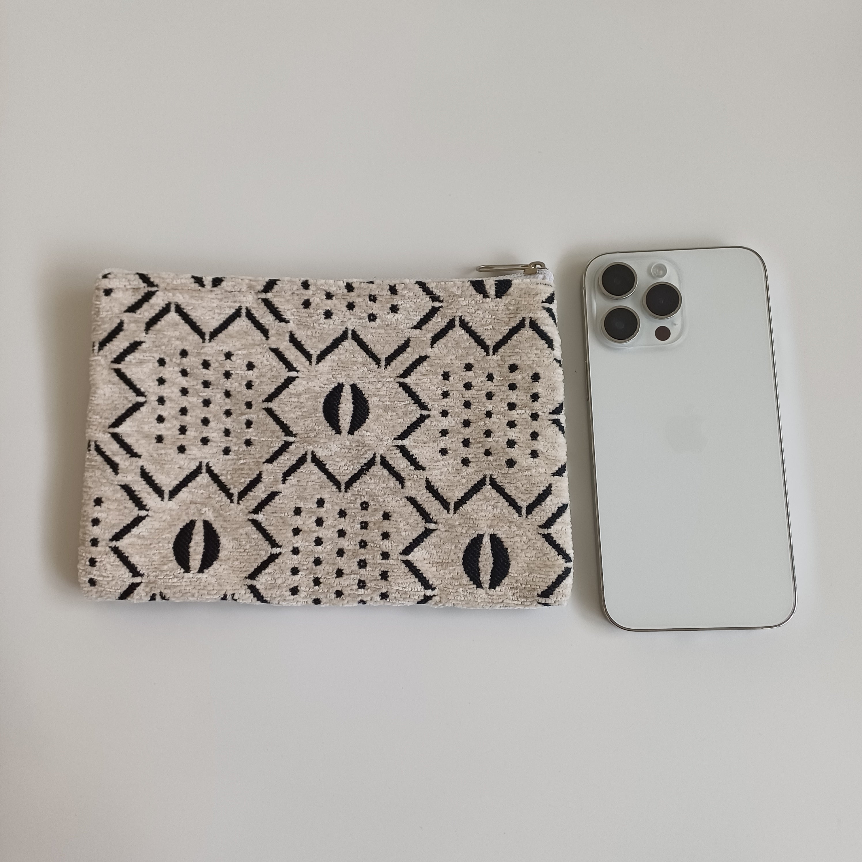 Moroccan Cream and Charcoal Handmade Velvet Pouch 20x14 CM