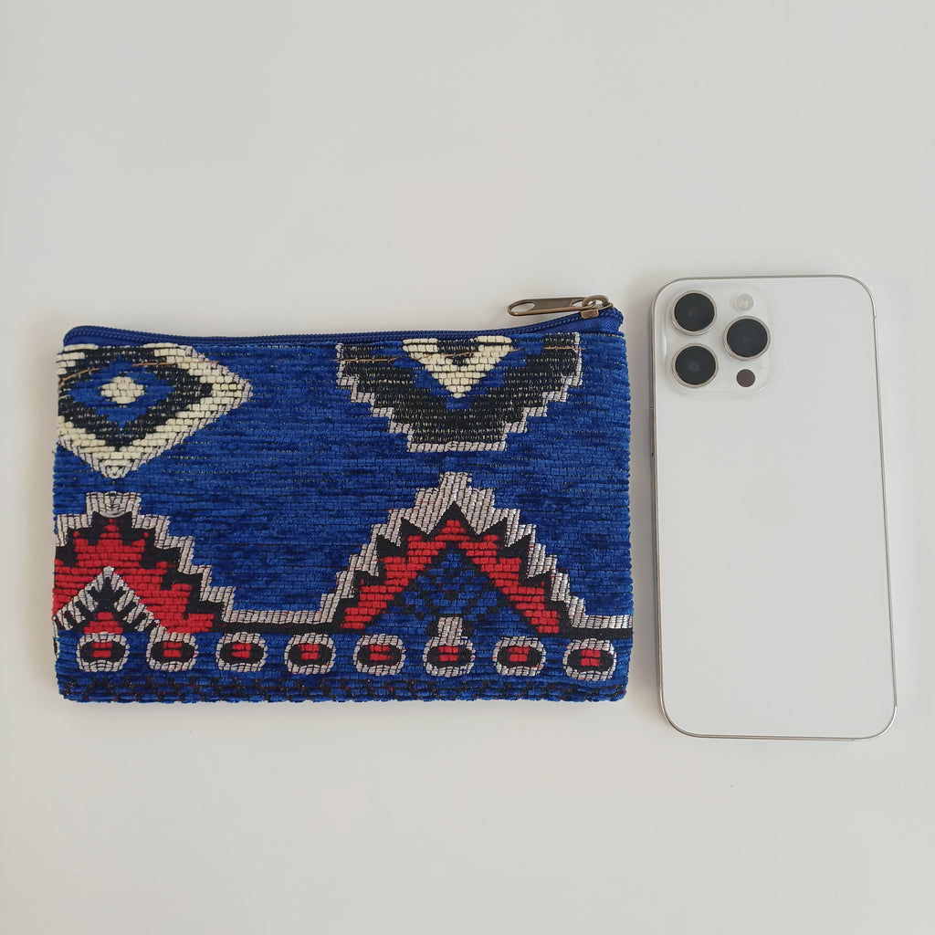 Moroccan Dual-Sided Motif Deep Blue Handmade Velvet Pouch 20x14 CM