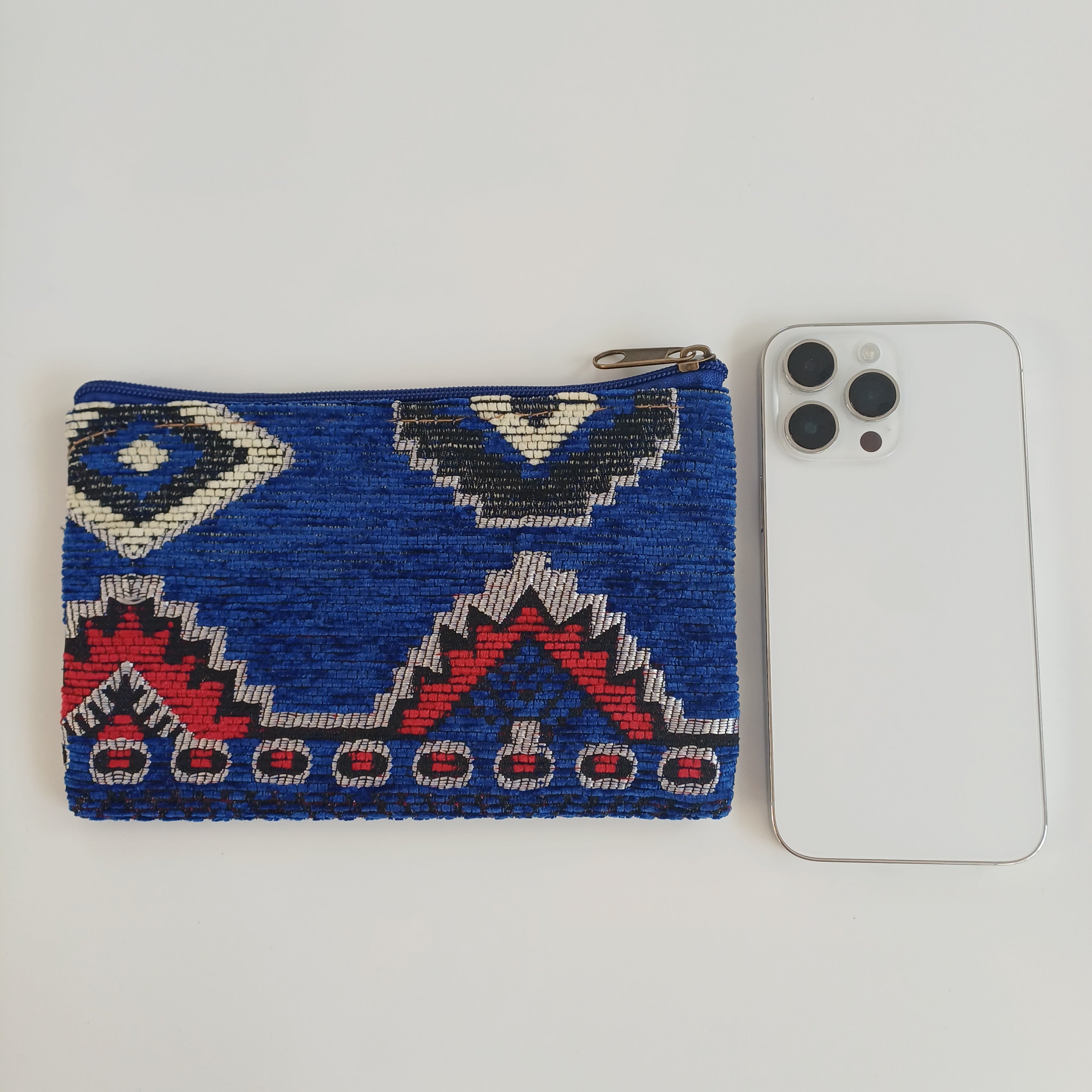 Moroccan Dual-Sided Motif Deep Blue Handmade Velvet Pouch 20x14 CM