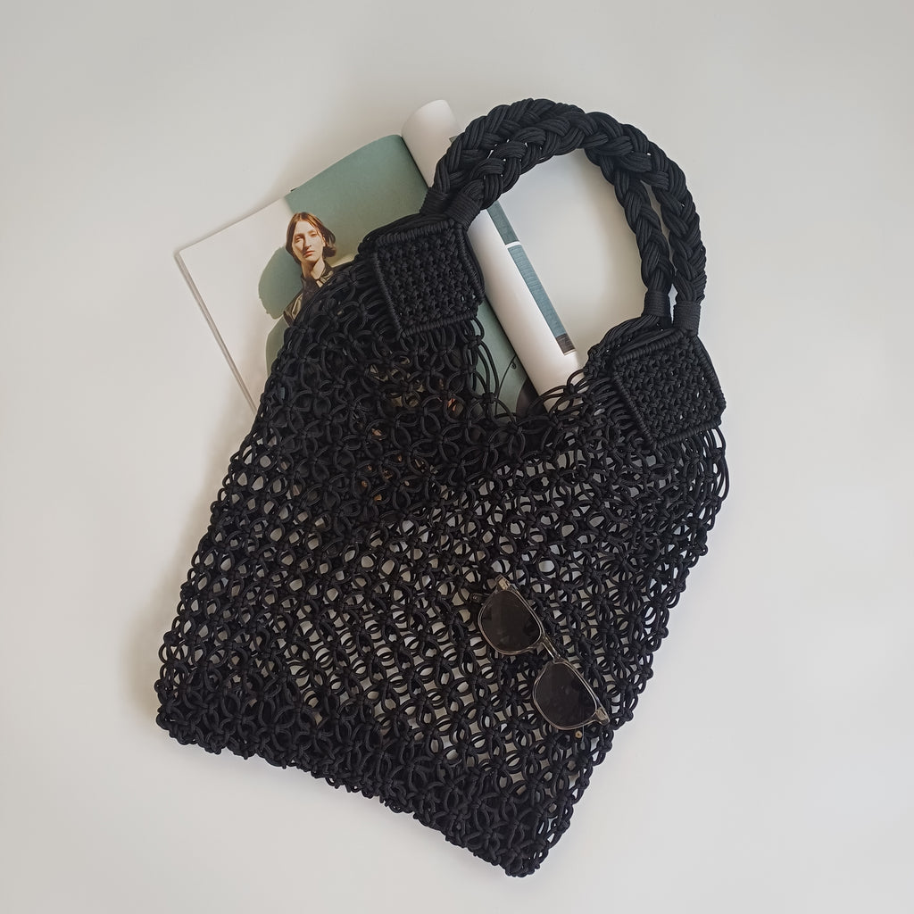 Moroccan Handmade Dark Black Crochet Tote Bag 58x38 CM