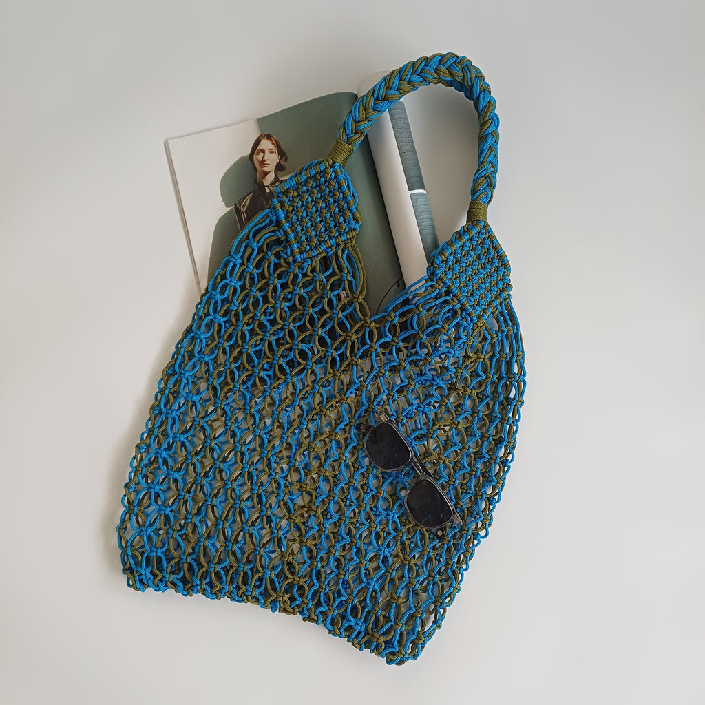 Moroccan Handmade Blue and Olive Green Crochet Tote Bag 61x36 CM