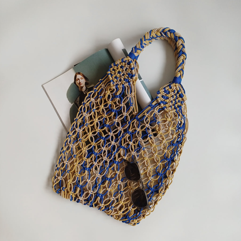 Moroccan Handmade Blue & Beige Crochet Tote Bag 51x34 CM