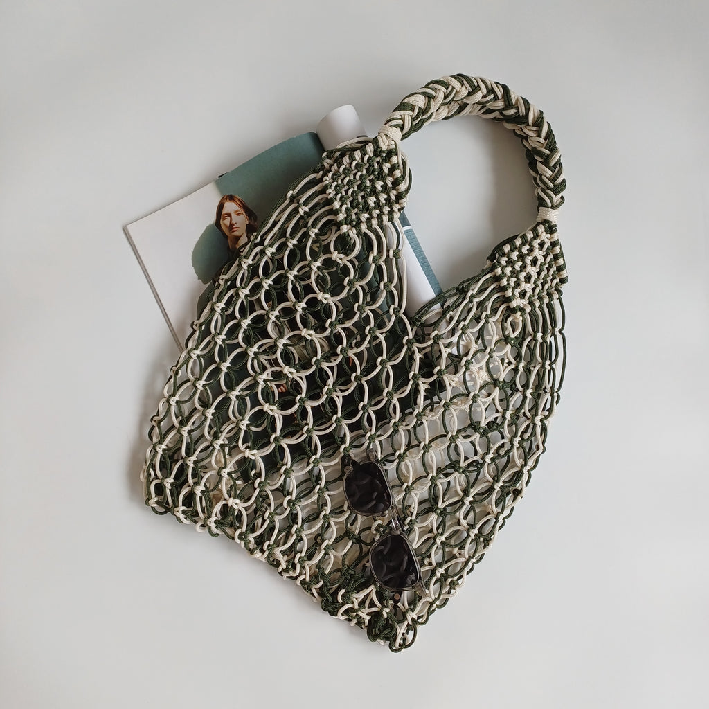 Moroccan Handmade Cream and Olive Green Crochet Tote Bag 51x35 CM