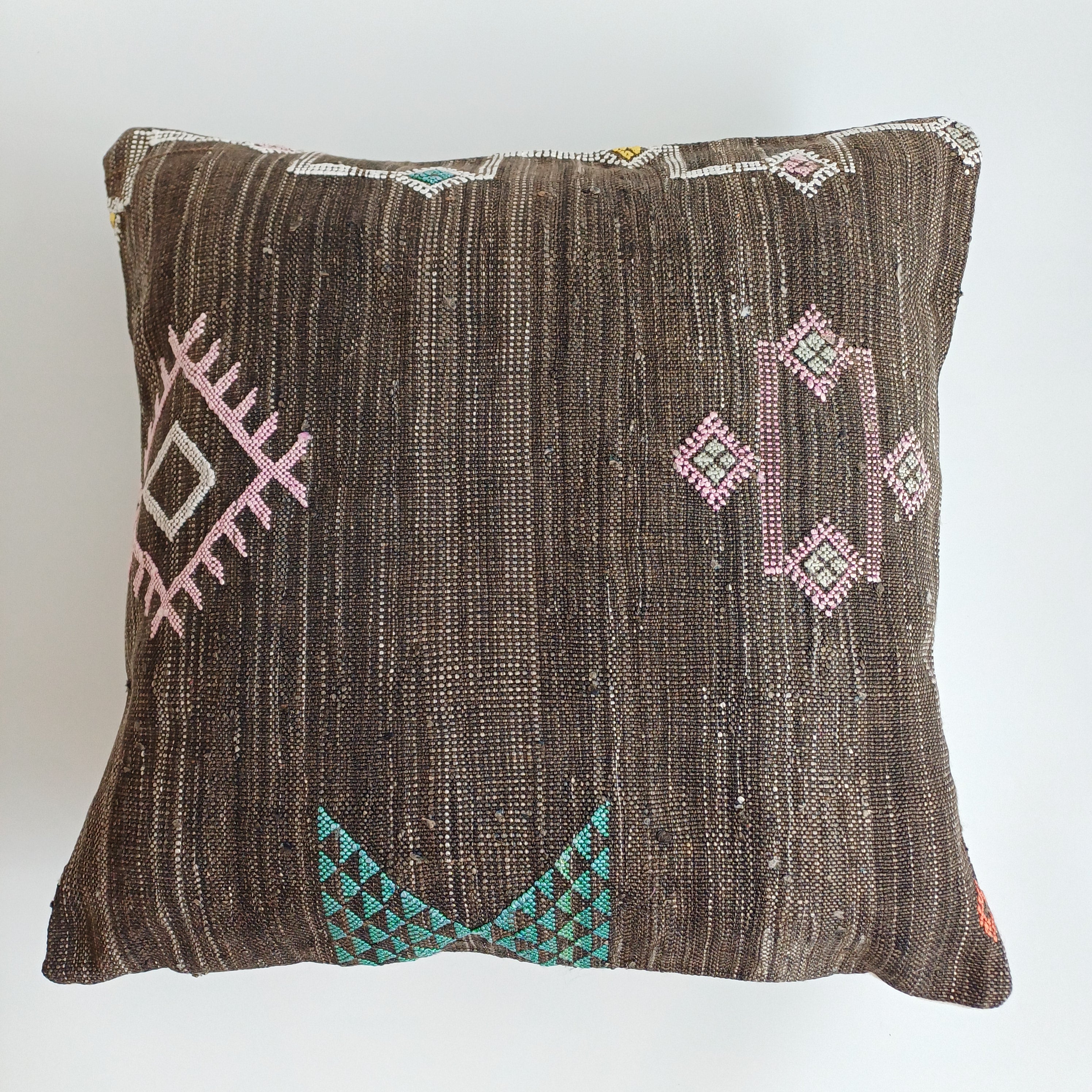 Moroccan Handmade Charcoal Brown Cactus Silk Cushion Cover 20''x20'' / 50x50 CM