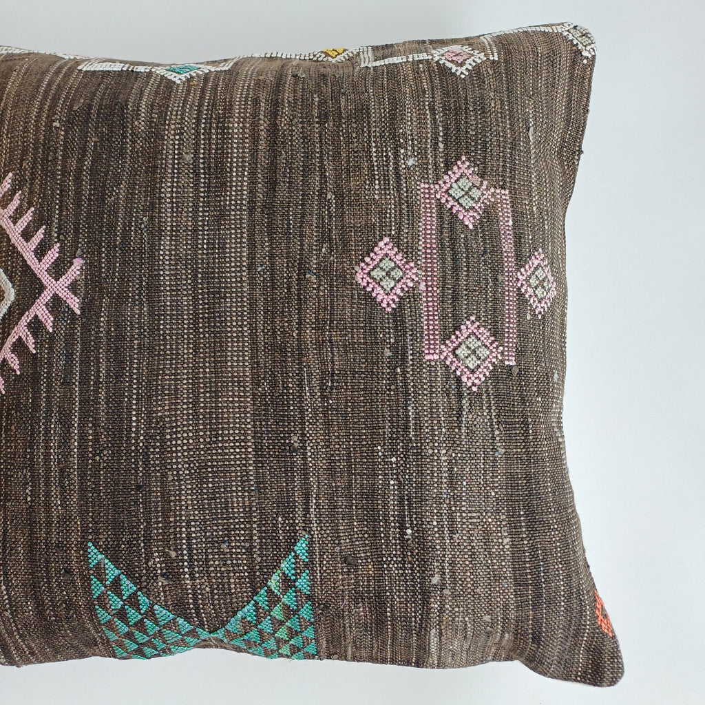 Moroccan Handmade Charcoal Brown Cactus Silk Cushion Cover 20''x20'' / 50x50 CM