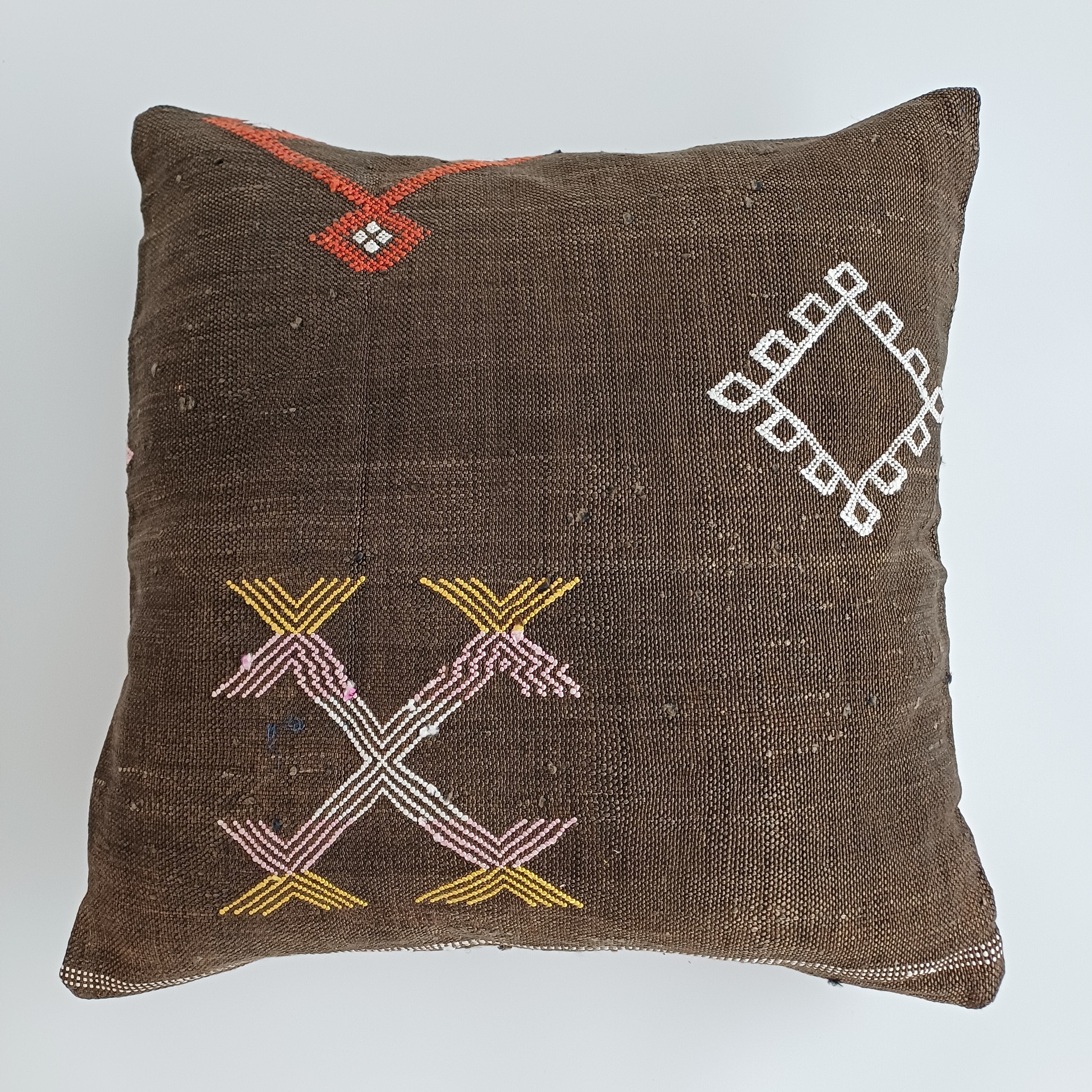 Moroccan Handmade Brown Cactus Silk Cushion Cover 20''x20'' / 50x50 CM