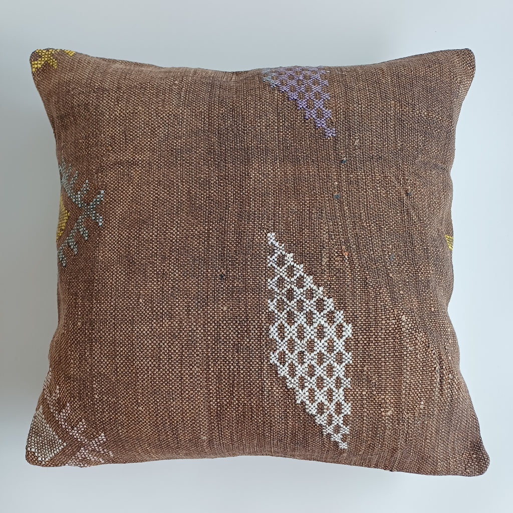 Moroccan Handmade Brown Cactus Silk Cushion Cover 20''x20'' / 50x47 CM