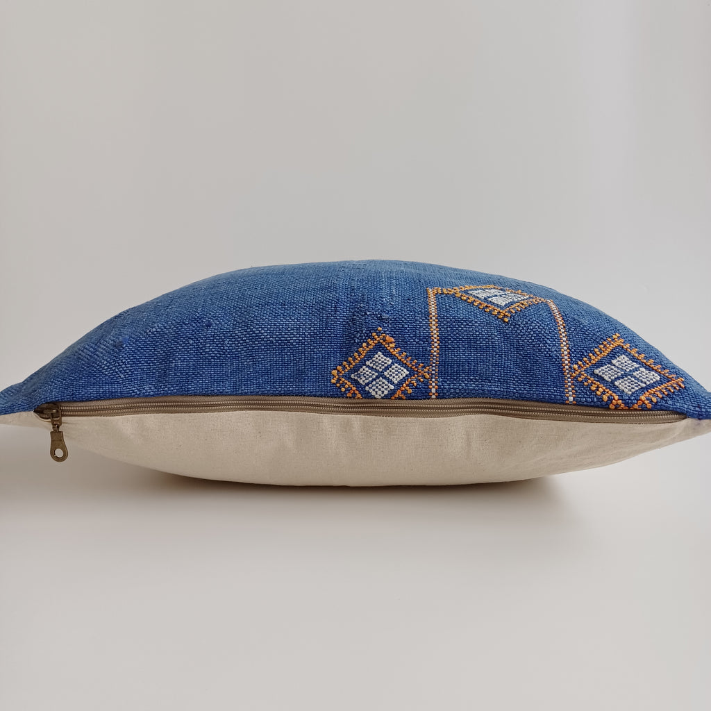 Moroccan Handmade Royal Blue Cactus Silk Cushion Cover 20''x20'' / 50x50 CM