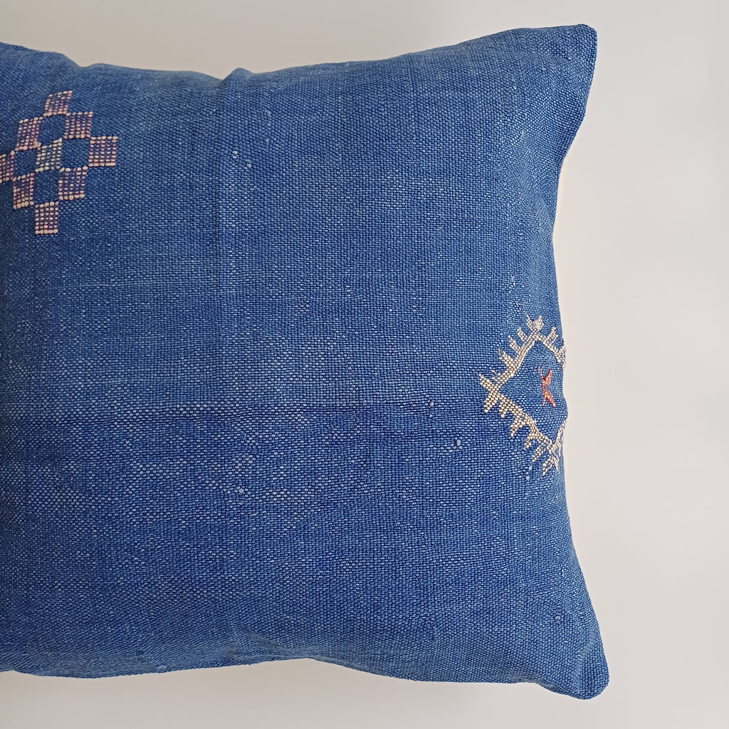 Moroccan Handmade Royal Blue Cactus Silk Cushion Cover 20''x20'' / 50x50 CM