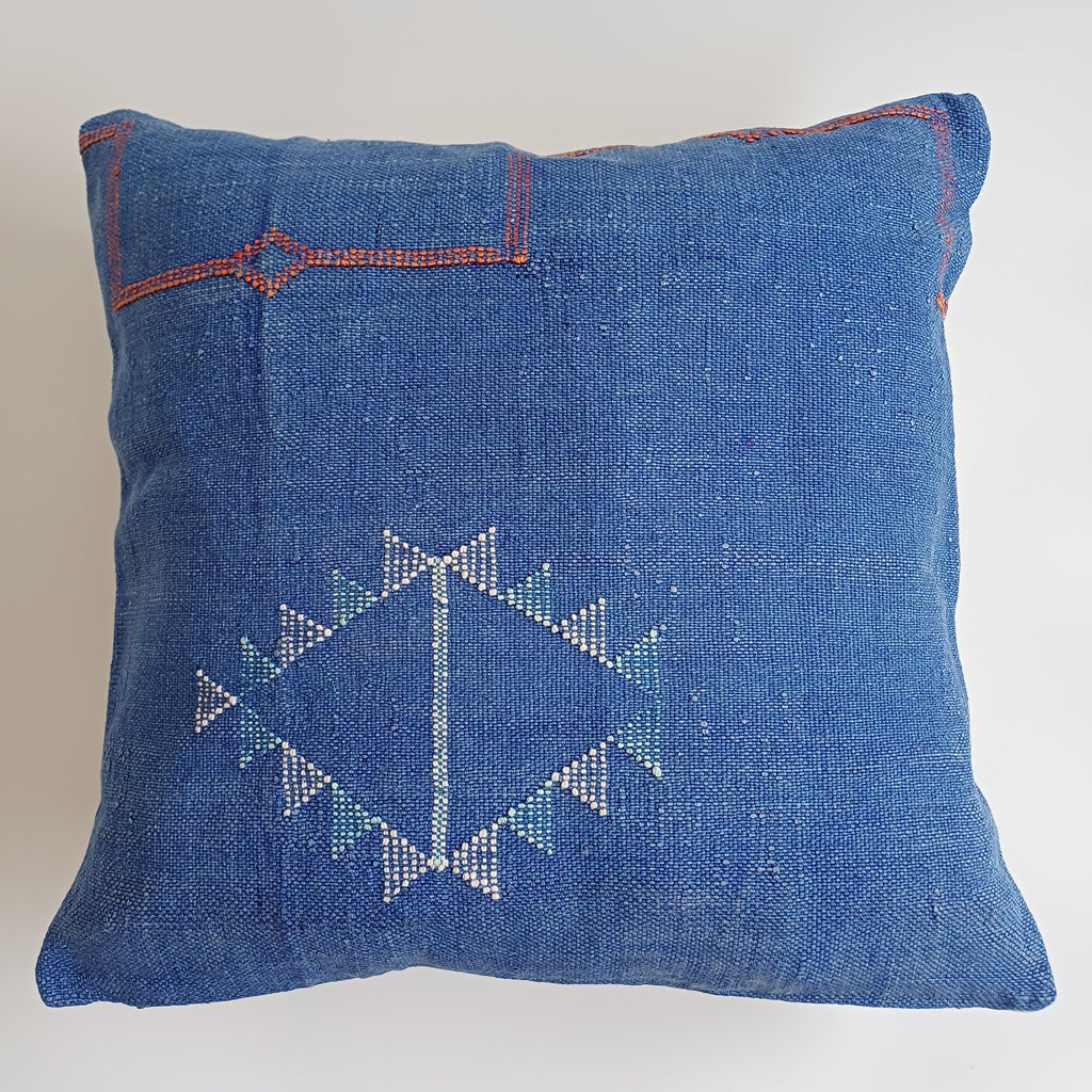 Moroccan Handmade Royal Blue Cactus Silk Cushion Cover 20''x20'' / 50x50 CM
