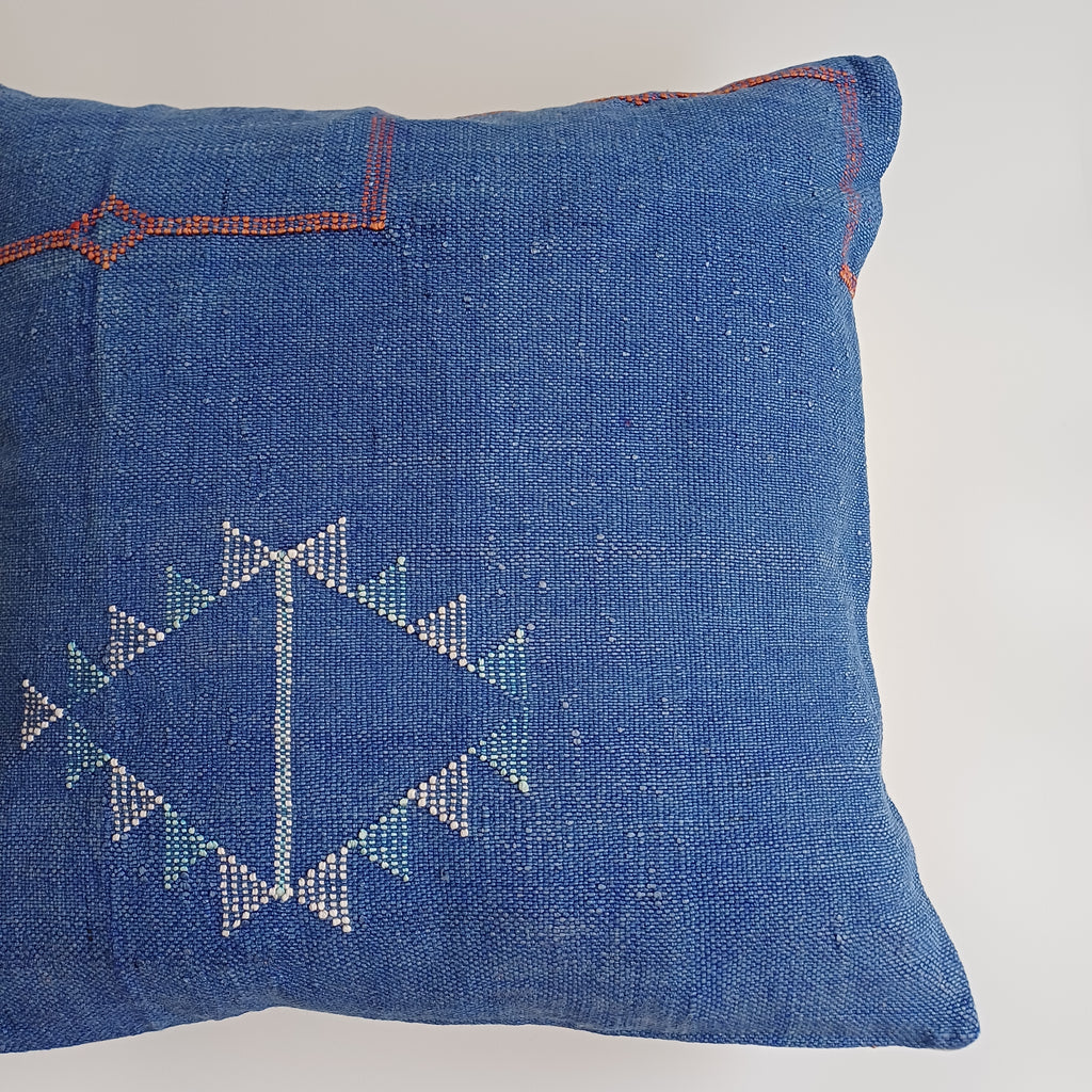 Moroccan Handmade Royal Blue Cactus Silk Cushion Cover 20''x20'' / 50x50 CM