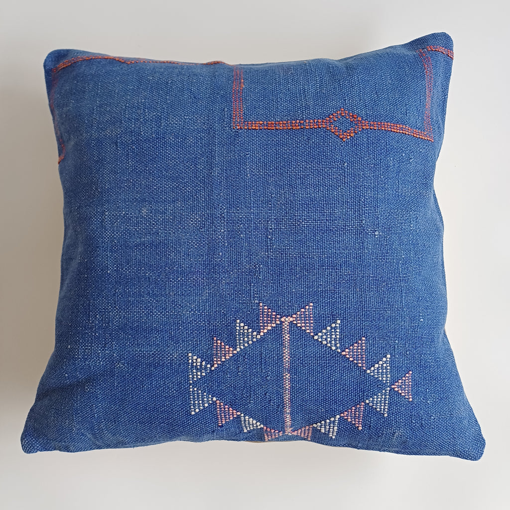 Moroccan Handmade Royal Blue Cactus Silk Cushion Cover 20''x20'' / 50x50 CM