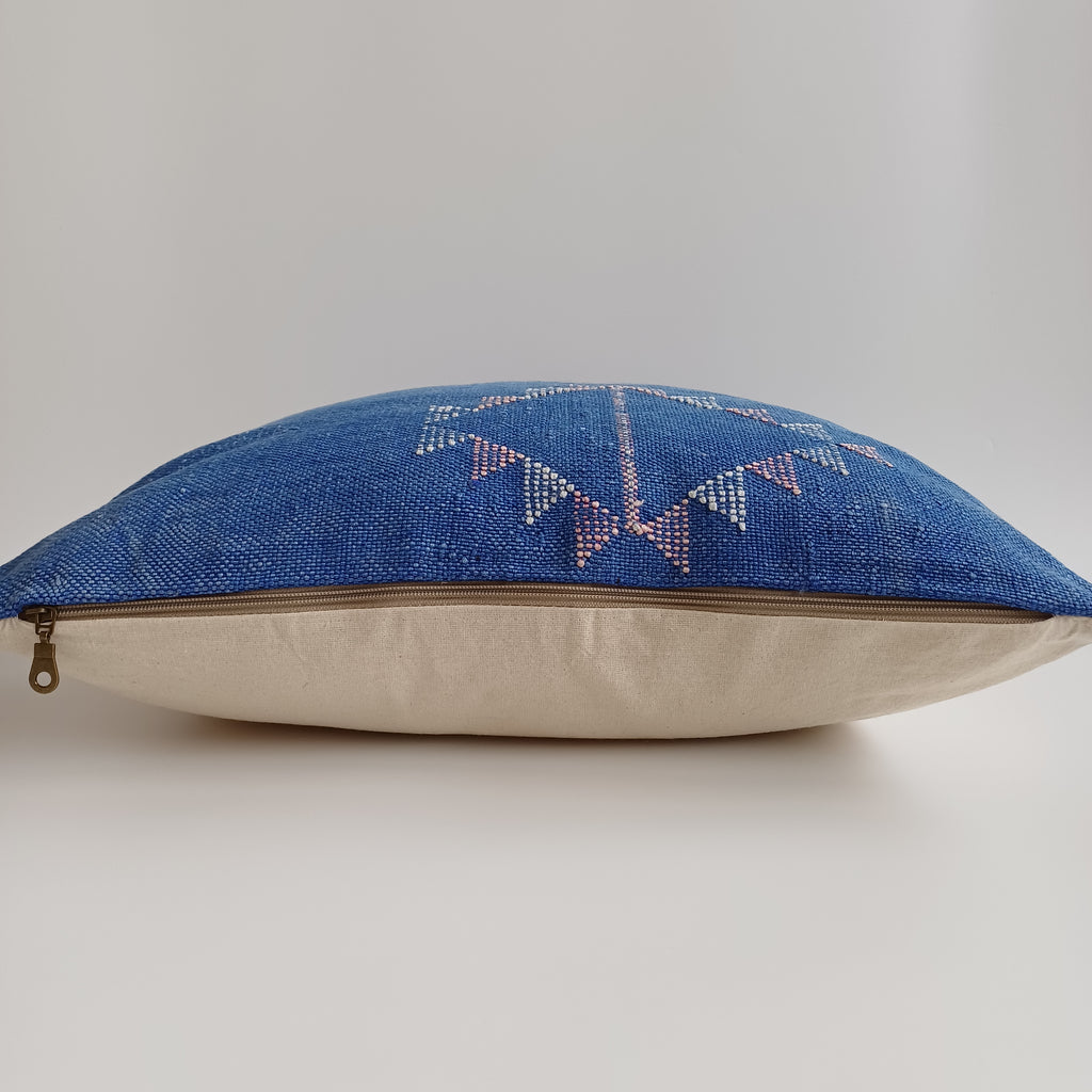 Moroccan Handmade Royal Blue Cactus Silk Cushion Cover 20''x20'' / 50x50 CM