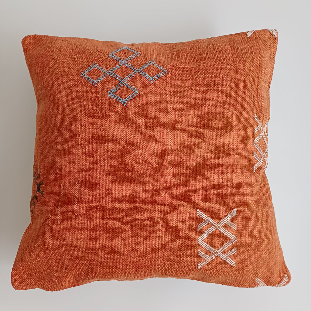 Moroccan Handmade Orange Cactus Silk Cushion Cover 16''x16'' / 40x40 CM