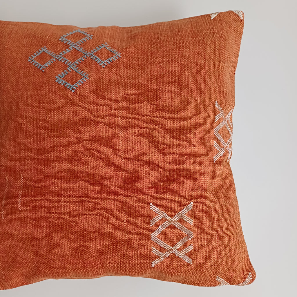 Moroccan Handmade Orange Cactus Silk Cushion Cover 16''x16'' / 40x40 CM
