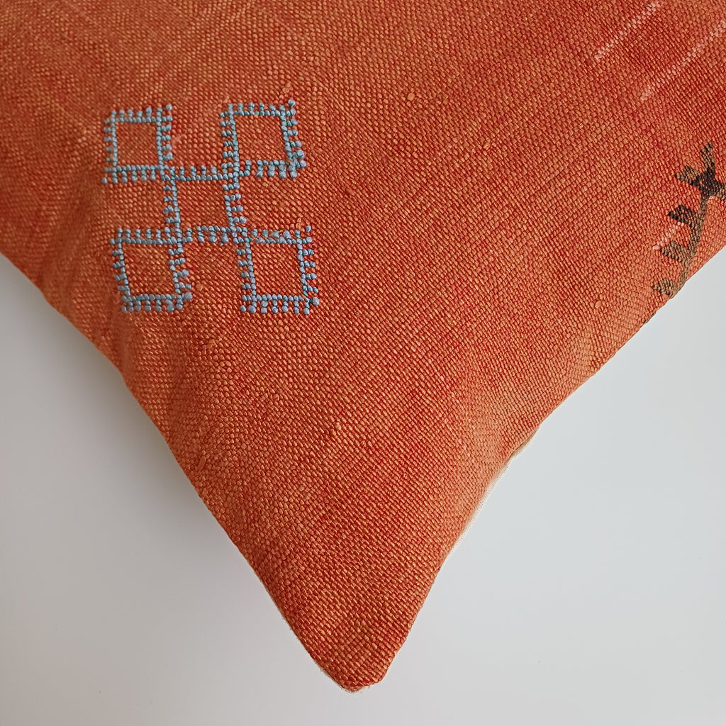 Moroccan Handmade Orange Cactus Silk Cushion Cover 16''x16'' / 40x40 CM
